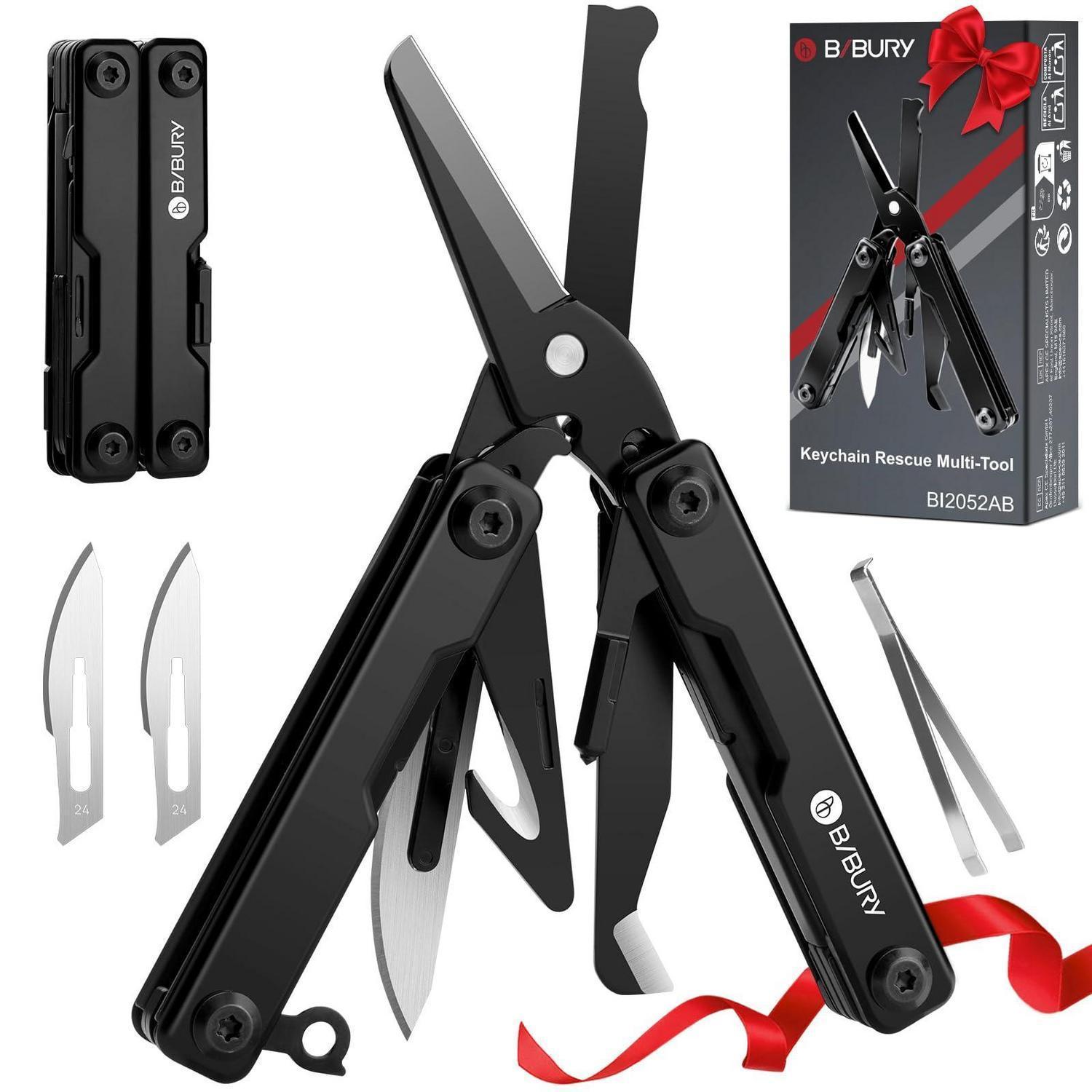 Mini Multitool Mit Schere, Glasbrecher & Gurtschneider, Edelstahl, Schwarz