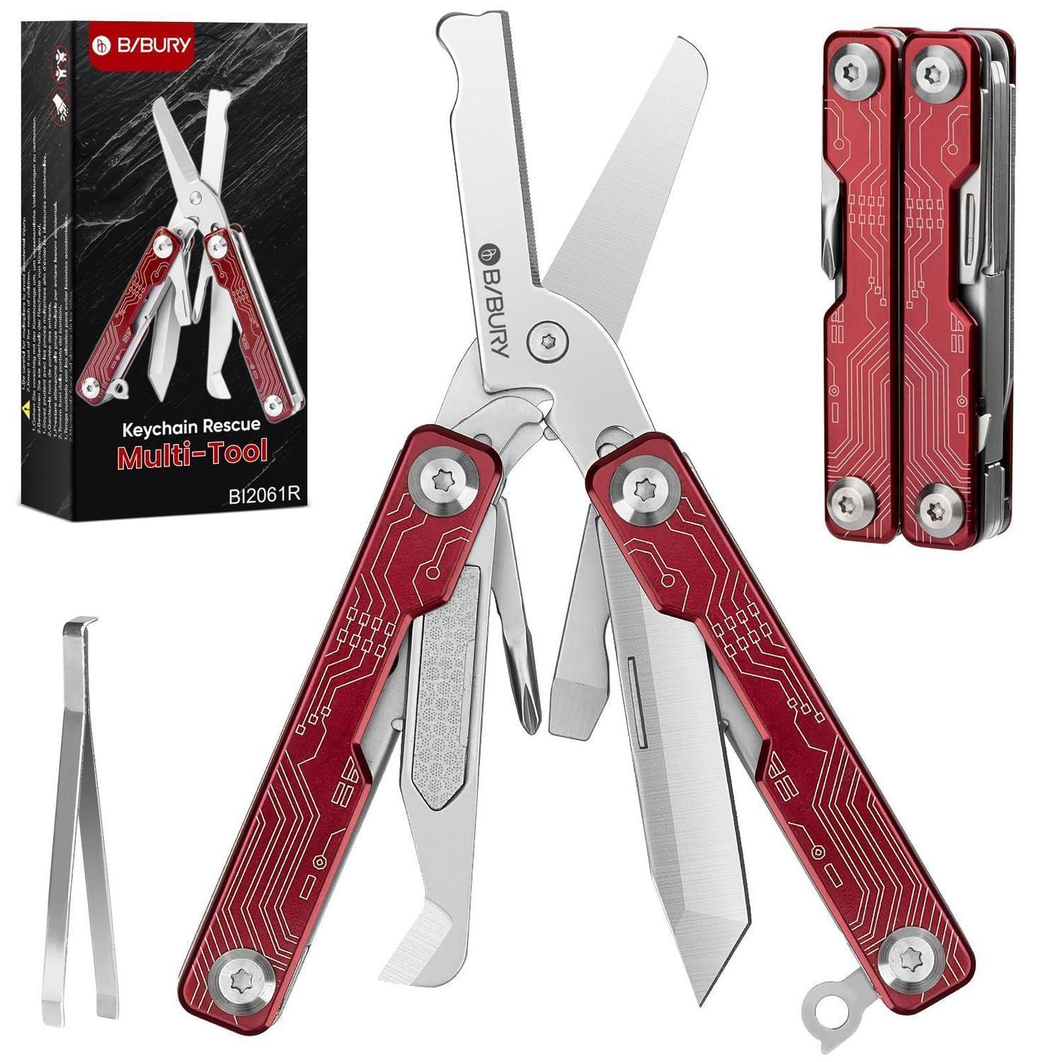 Multitool Klappschere Mit 9 Werkzeugen, Edelstahl, Rot, Für Outdoor & Camping