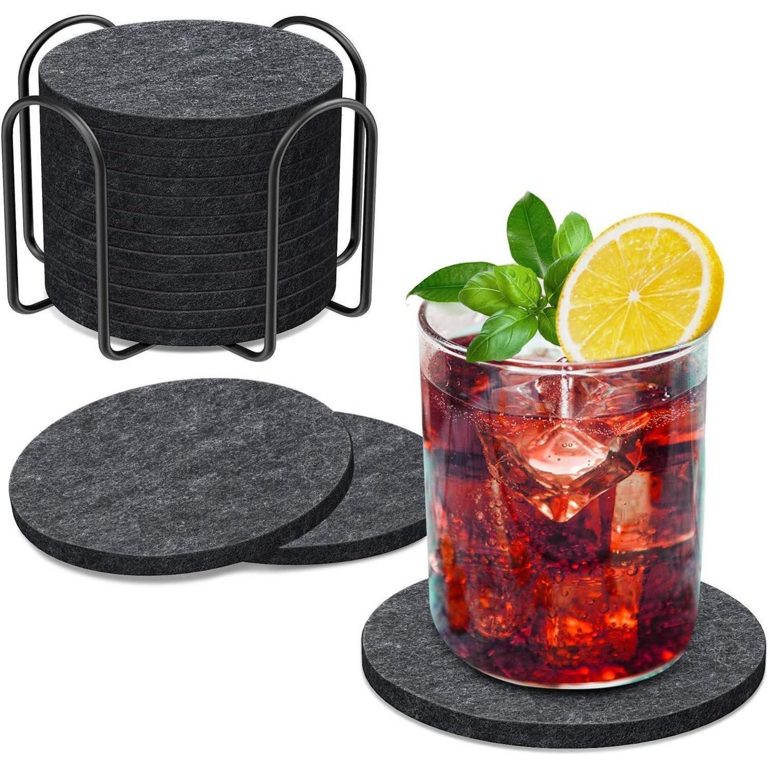 Filz Untersetzer 12er Set Mit Halter, Rund, 10cm, Grau, Abwaschbar