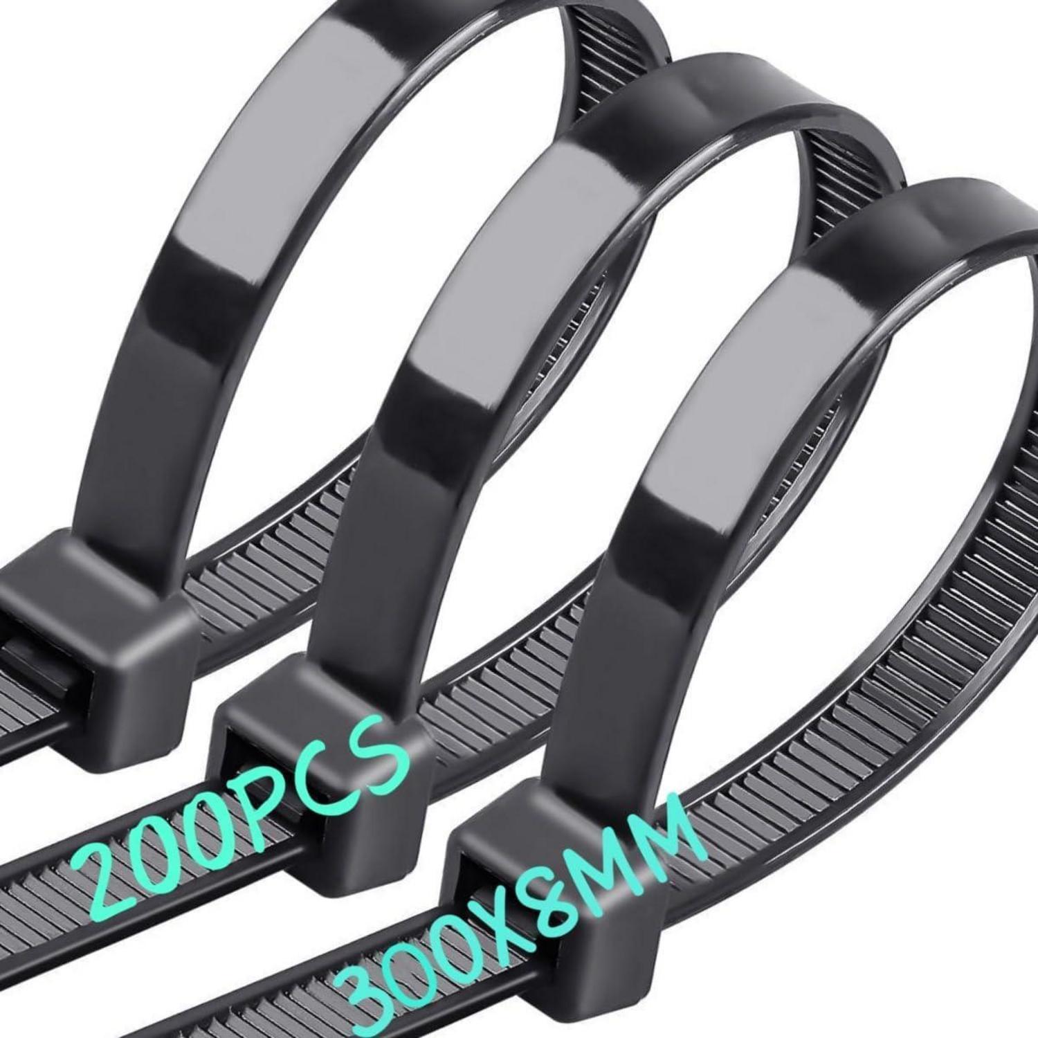 200 Stück Kabelbinder 300mm X 8mm, Uv-beständig, 70kg Zugfestigkeit, Schwarz