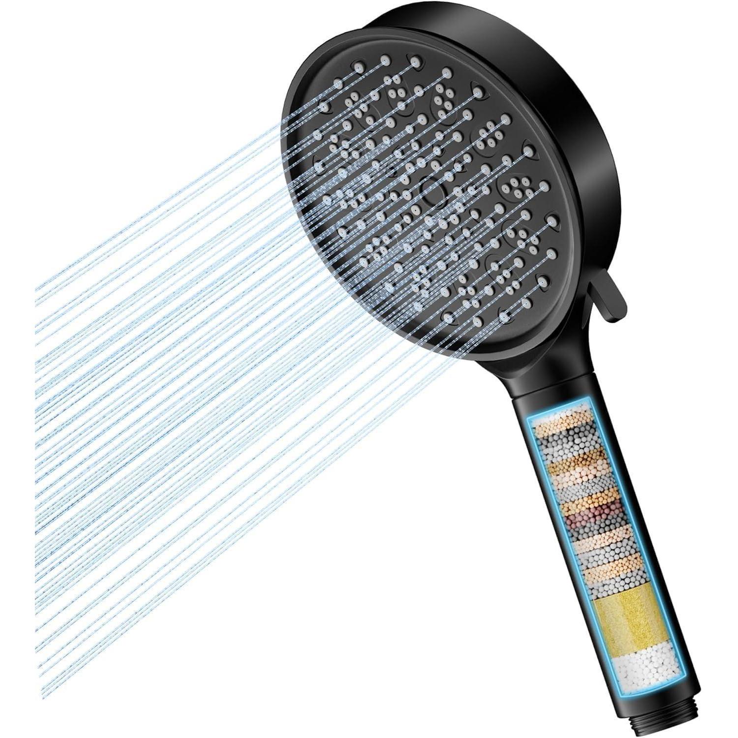 Handbrause Mit 20-schicht-filter, 6 Strahlarten, Hochdruck & Wassersparend, Schwarz