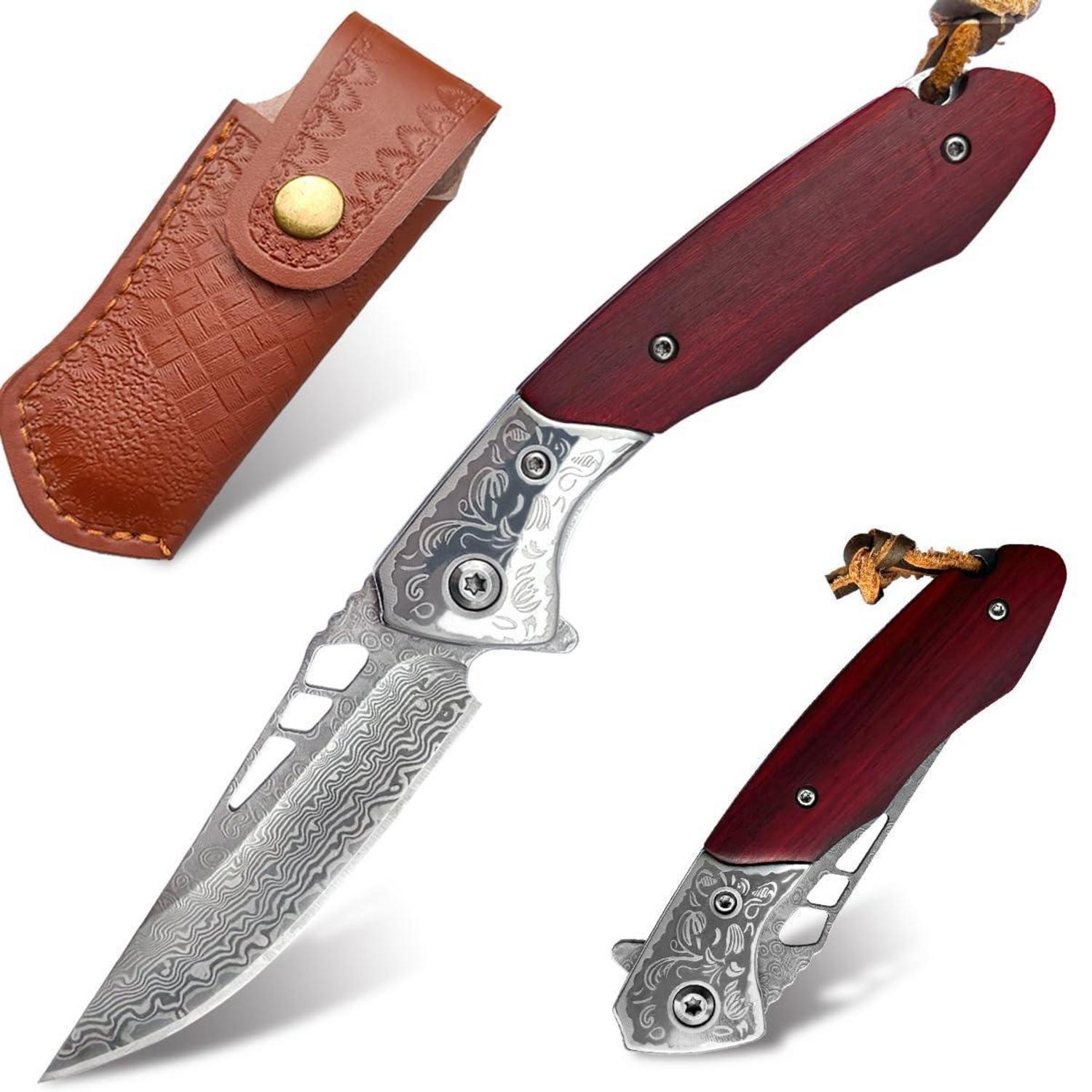 Damast Taschenmesser 67 Lagen Vg10 Stahl Mit Rosenholzgriff & Ledertasche