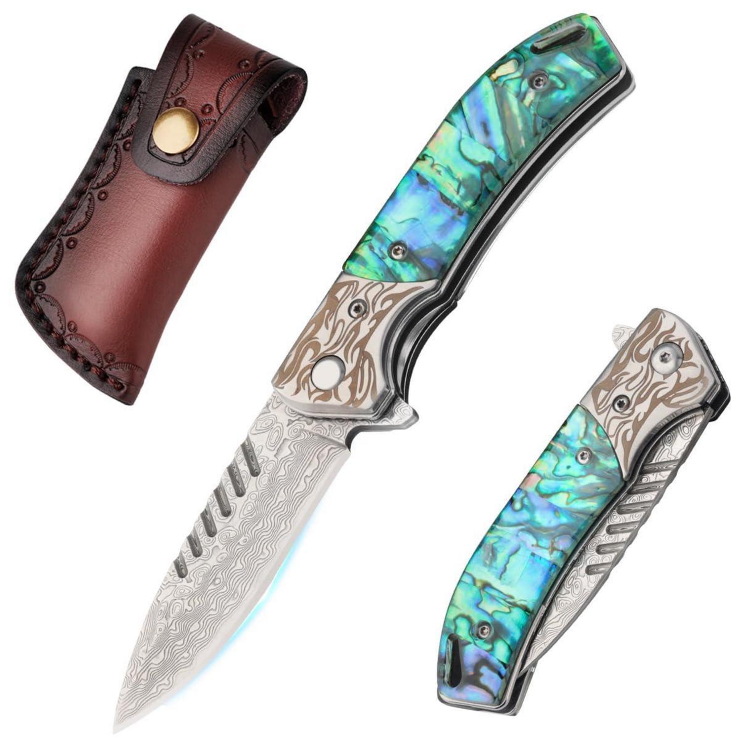Damast Klappmesser Mit Abalone-griff, Einhandmesser, Geschenk Für Männer