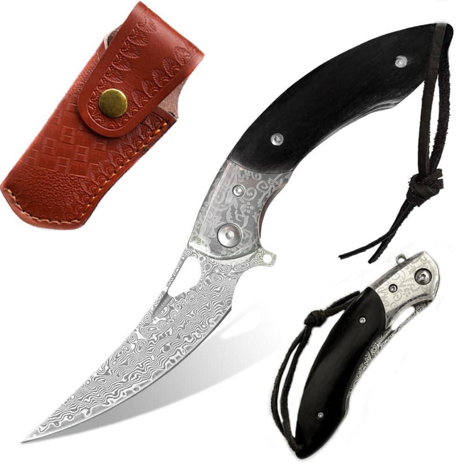 Damast Klappmesser Mit Holzgriff Und Lederscheide Für Outdoor
