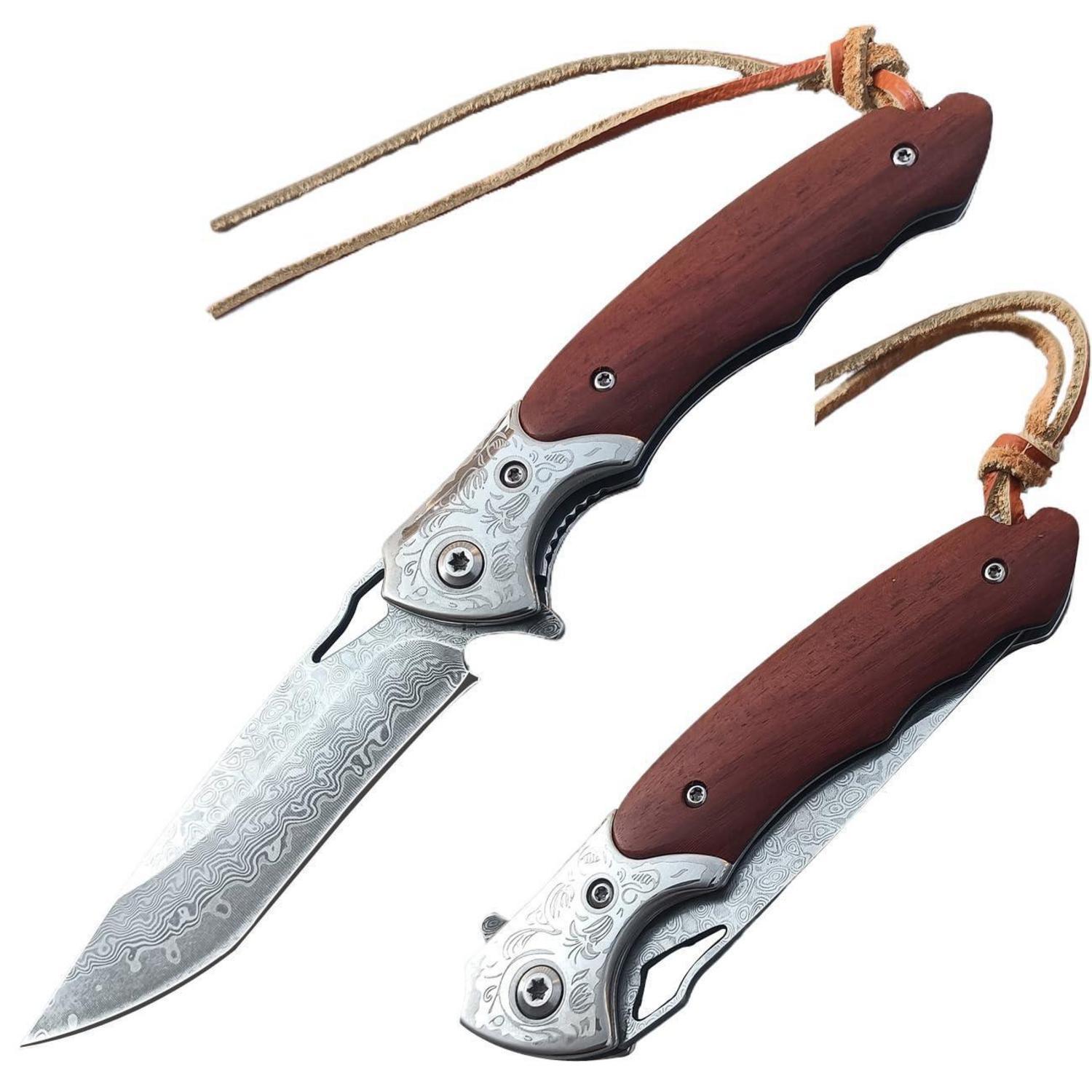 Damast Klappmesser Mit Holzgriff, Vg10 Damaststahl, Jagd & Outdoor