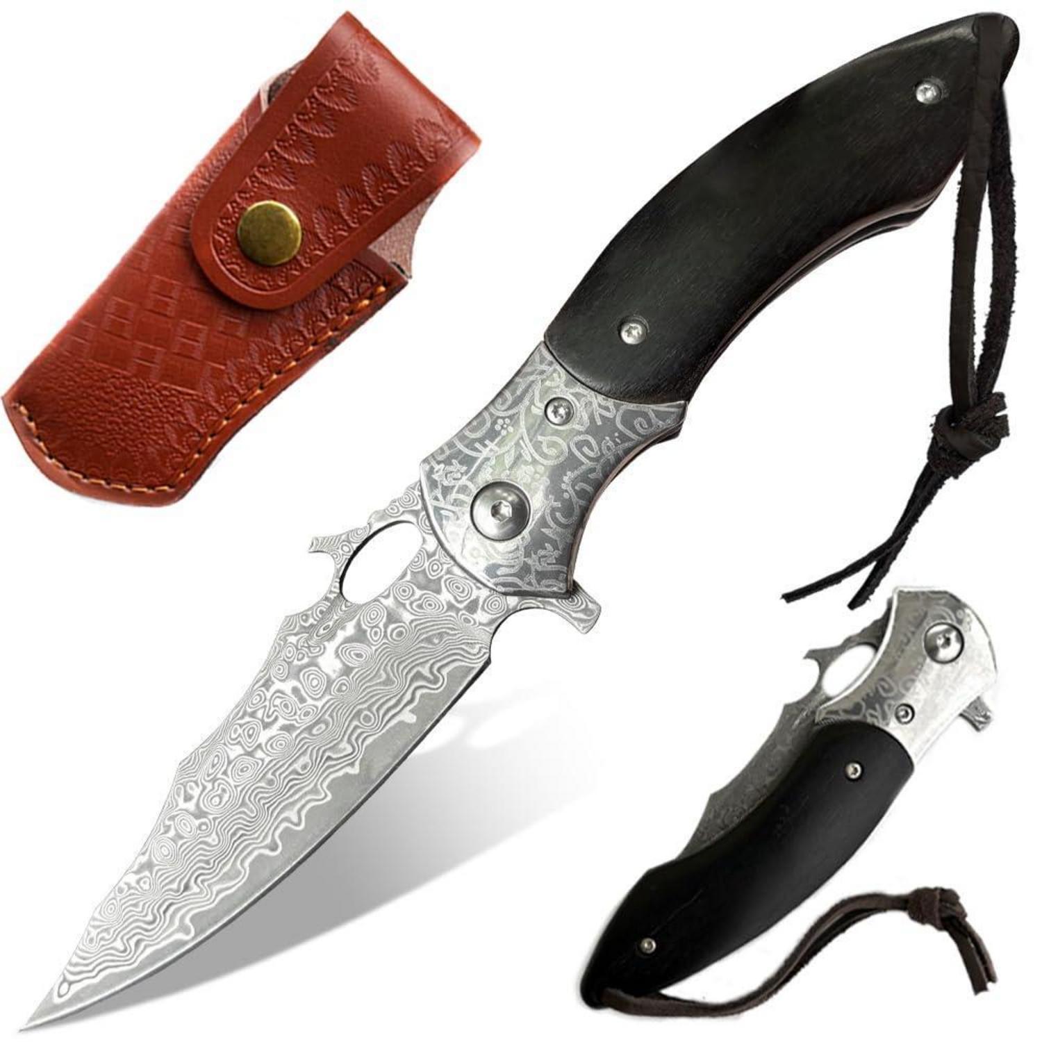 Damast Taschenmesser Mit Holzgriff Und Lederscheide, Vg10 Stahl