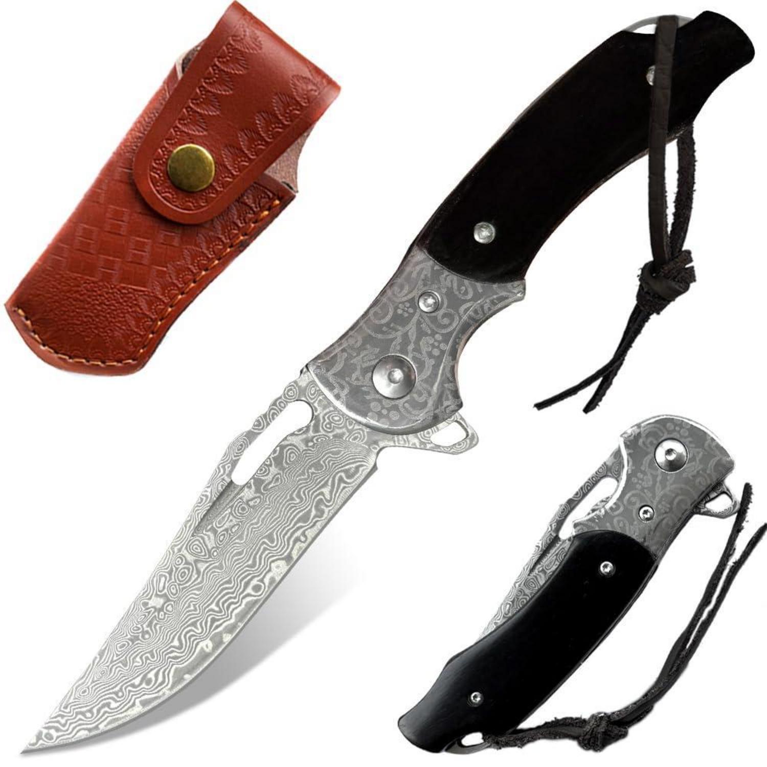 Damast Taschenmesser Mit Holzgriff Und Lederscheide, Vg10 Stahl, Einhandmesser