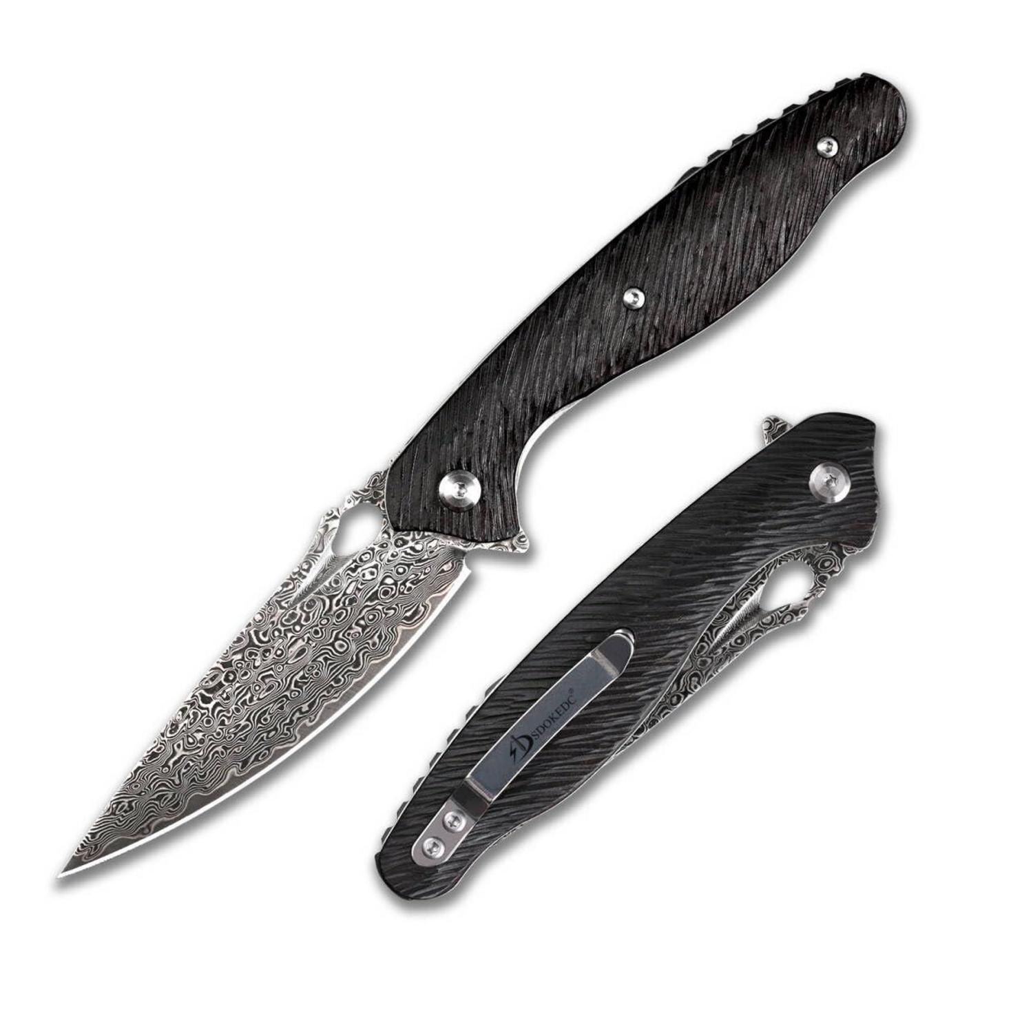 Damast Taschenmesser Mit Ebenholzgriff, Vg10 Stahl, Liner-lock, Für Outdoor & Camping