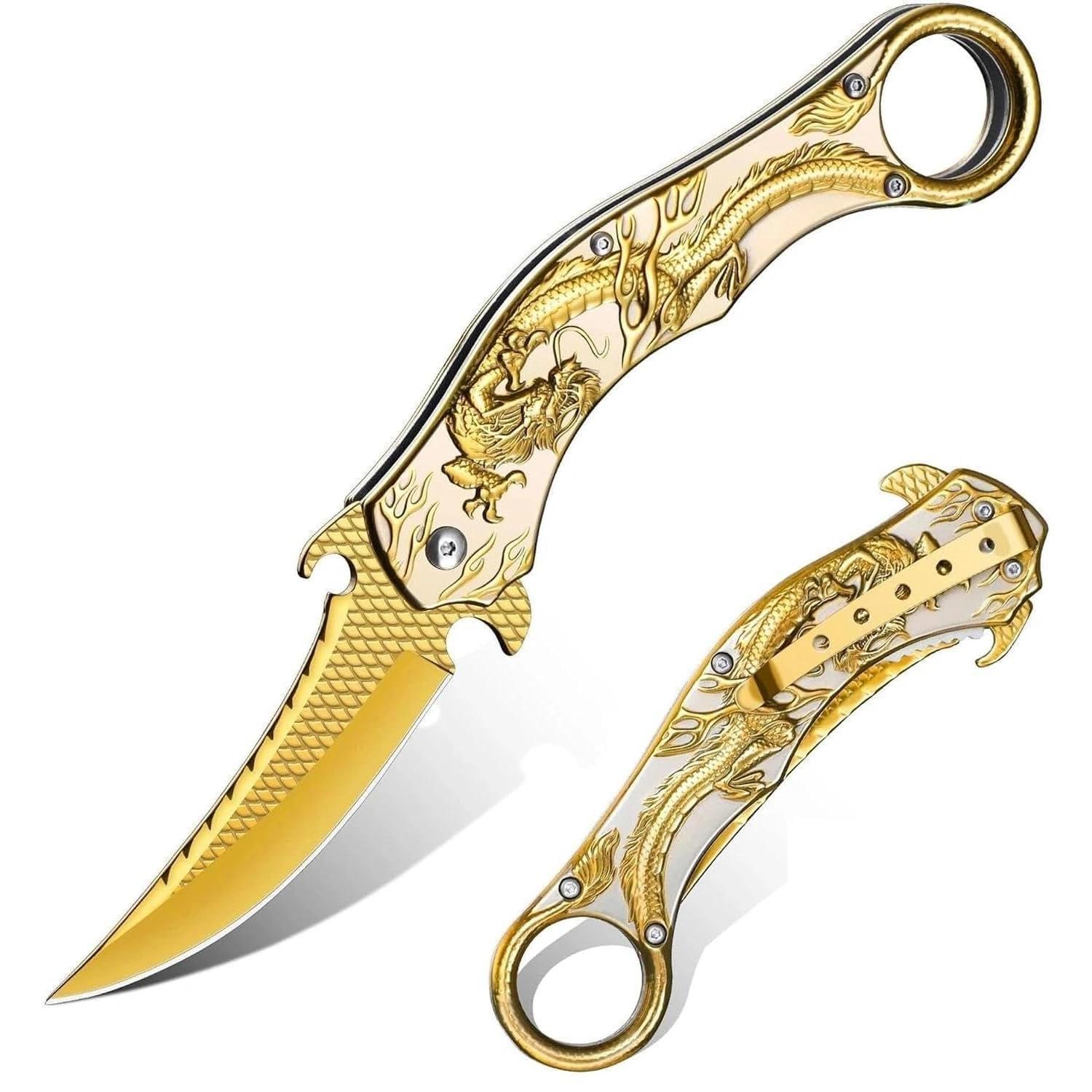 Klappmesser Mit 3d Drachenprägung, Gold, Geschenkbox, Outdoor & Camping