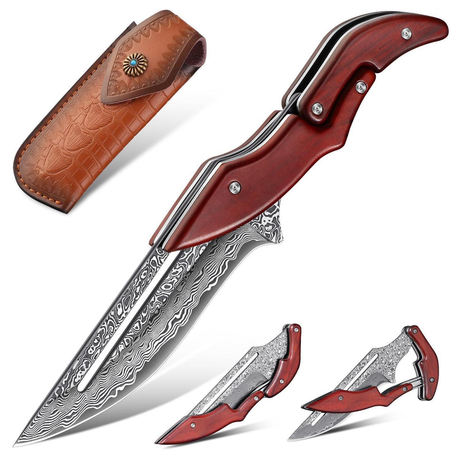 Klappmesser Mit Damastklinge Und Palisanderholzgriff Inkl. Lederscheide