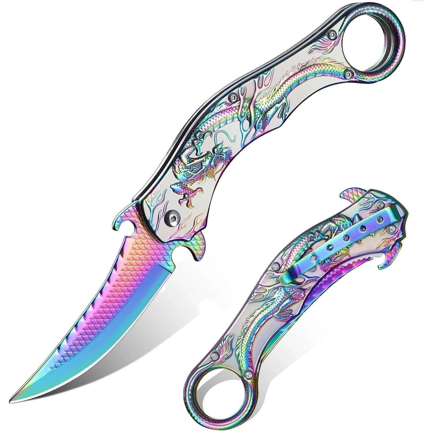 Klappmesser Mit 3d Drachenmuster, Bunt, Edelstahl, Geschenkbox