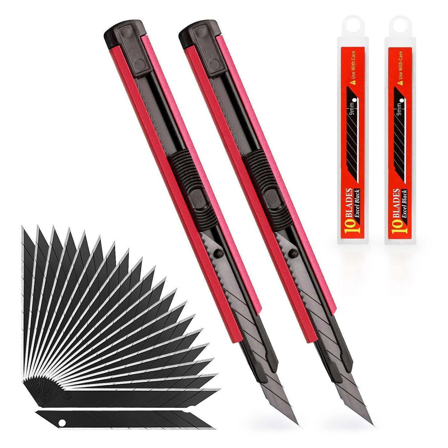 2x Cuttermesser 9mm Metall Mit 20 Abbrechklingen, Automatische Verriegelung
