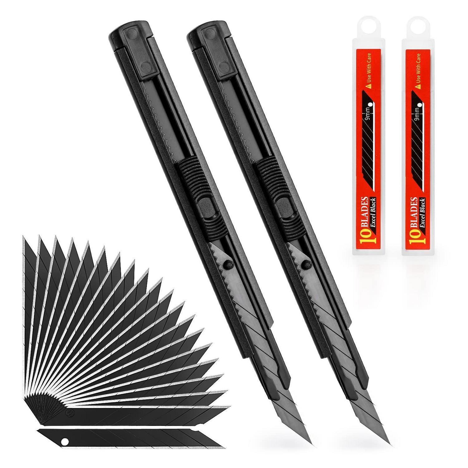2x Cuttermesser 9mm Mit 20 Abbrechklingen, Metall, Automatische Verriegelung