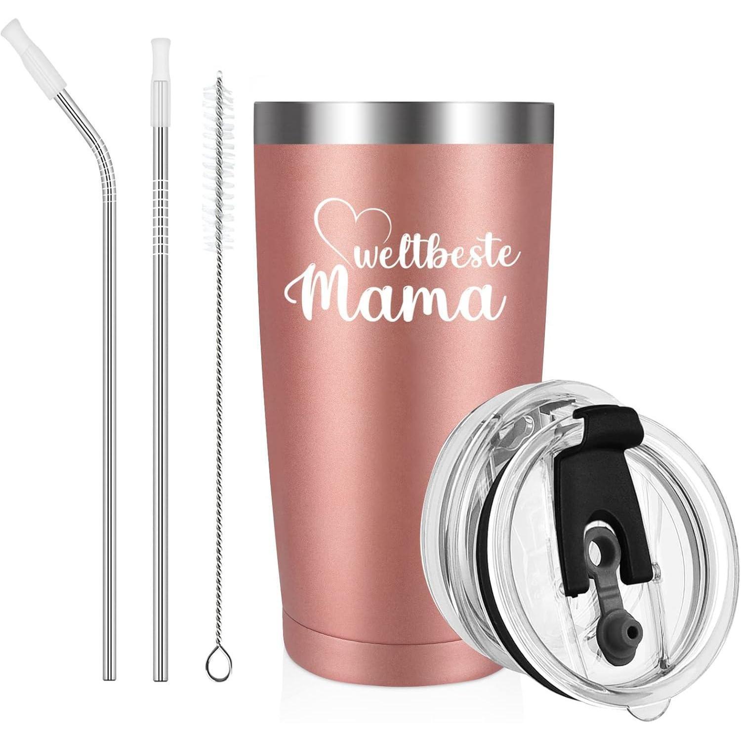Edelstahl Thermobecher 600ml "weltbeste Mama" Mit Deckel & Strohhalm