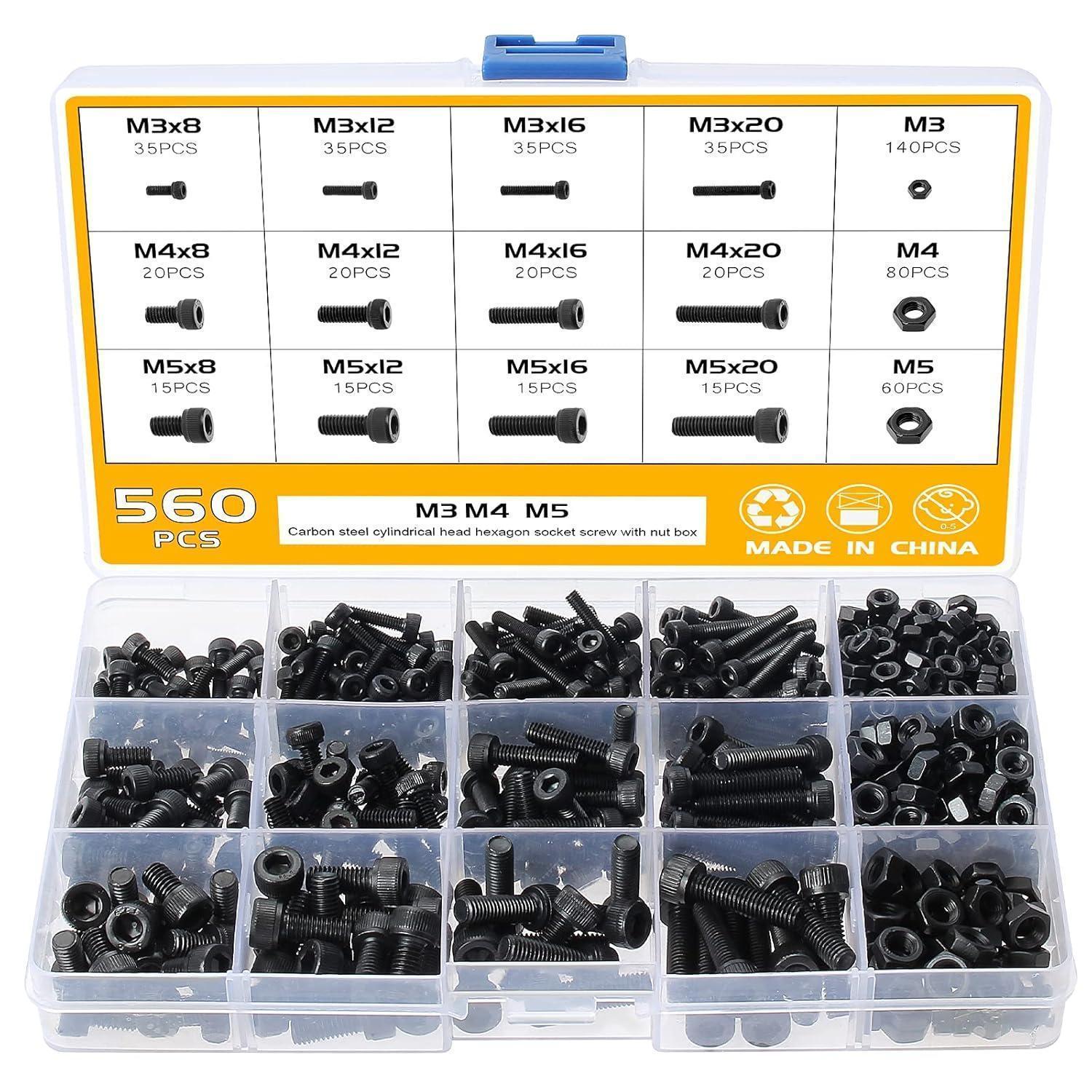 Zylinderschrauben Innensechskant Set M3 M4 M5, 560tlg, 12.9 Kohlenstoffstahl, Mit Muttern