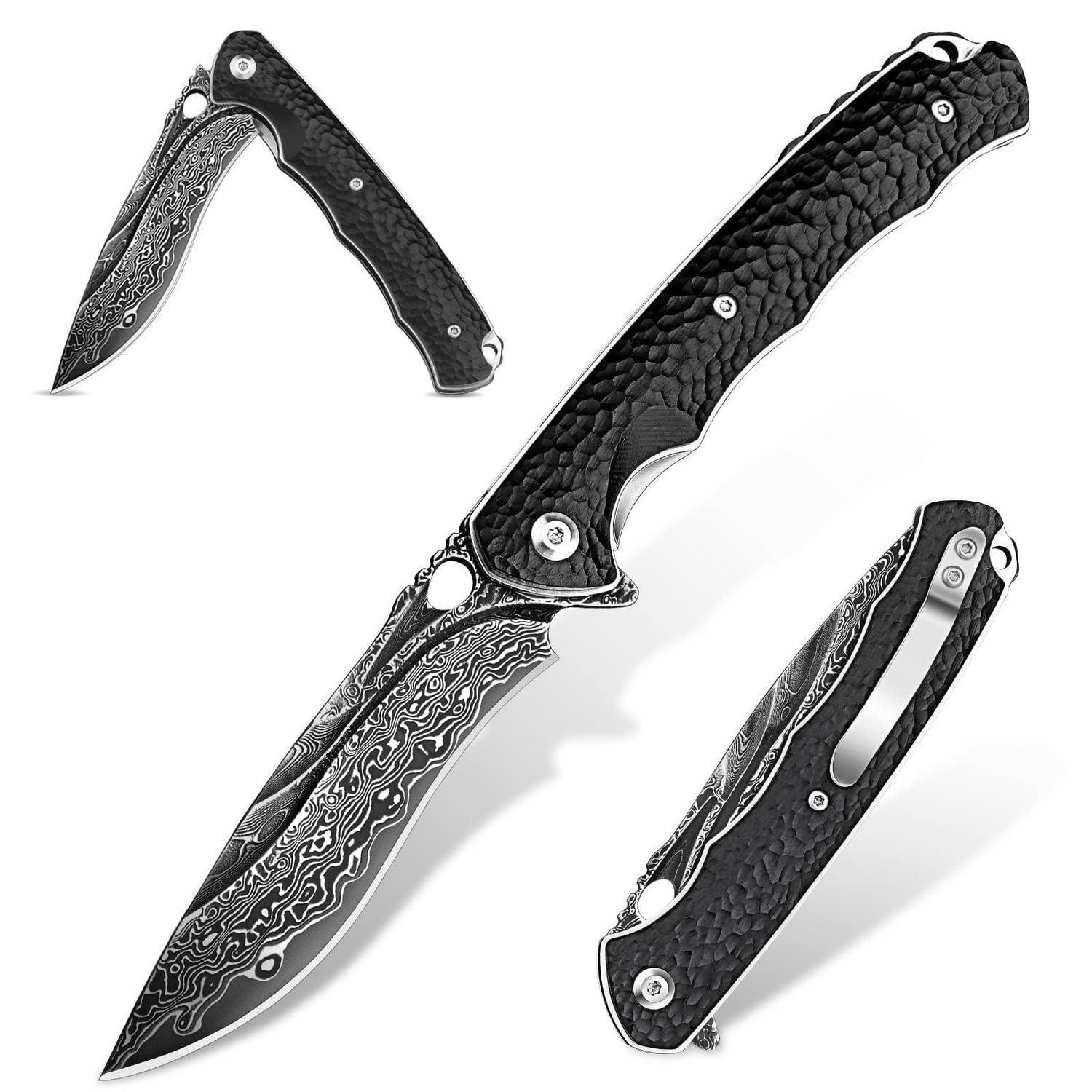 Klappmesser Damast Vg-10 Stahl Mit Ebenholzgriff, Einhandmesser Für Outdoor & Sammlung