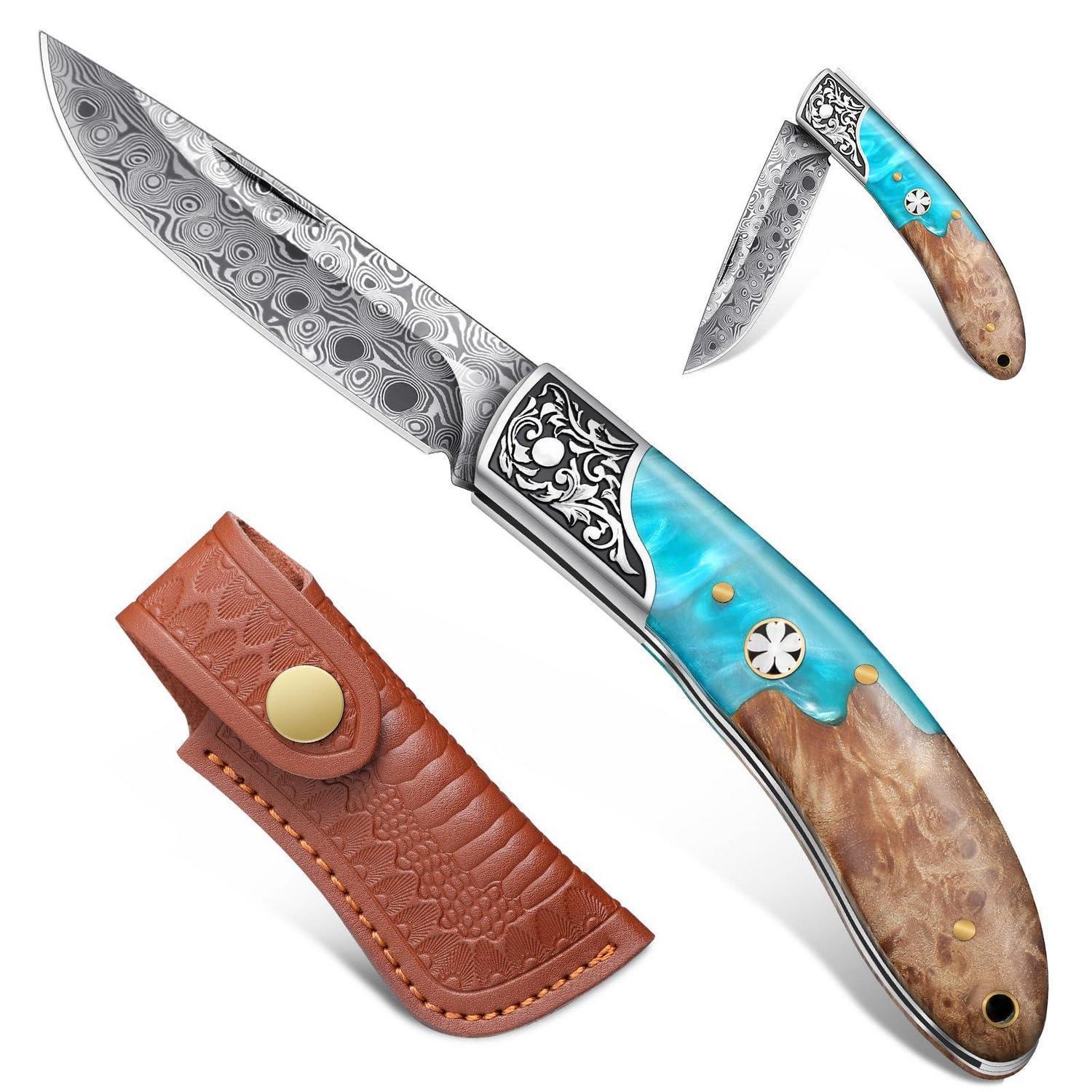 Klappmesser Damast Mit Birnenholzgriff, Blau, Inkl. Lederscheide