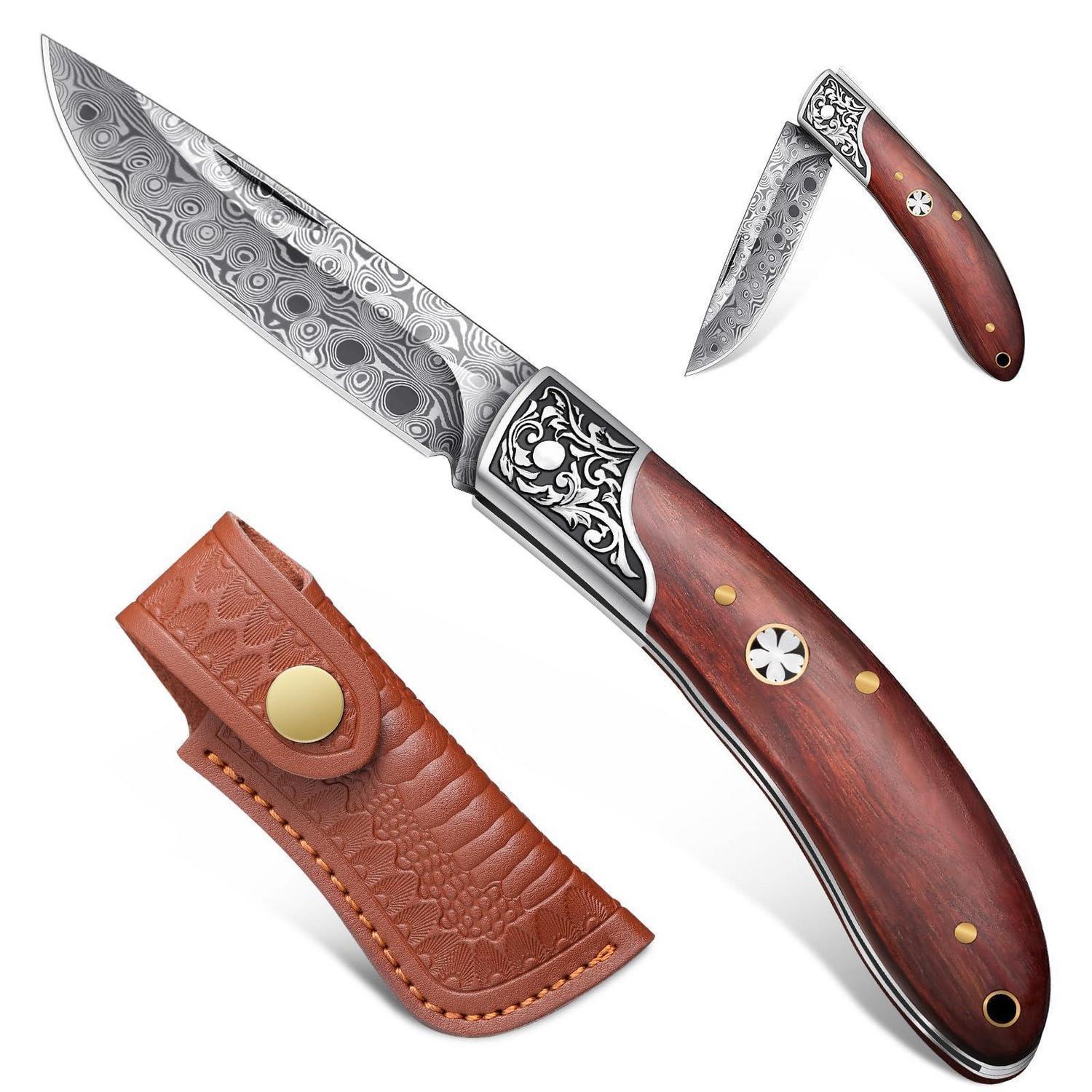 Taschenmesser Damast Mit Birnenholzgriff, Inkl. Lederscheide, 7cm Klinge