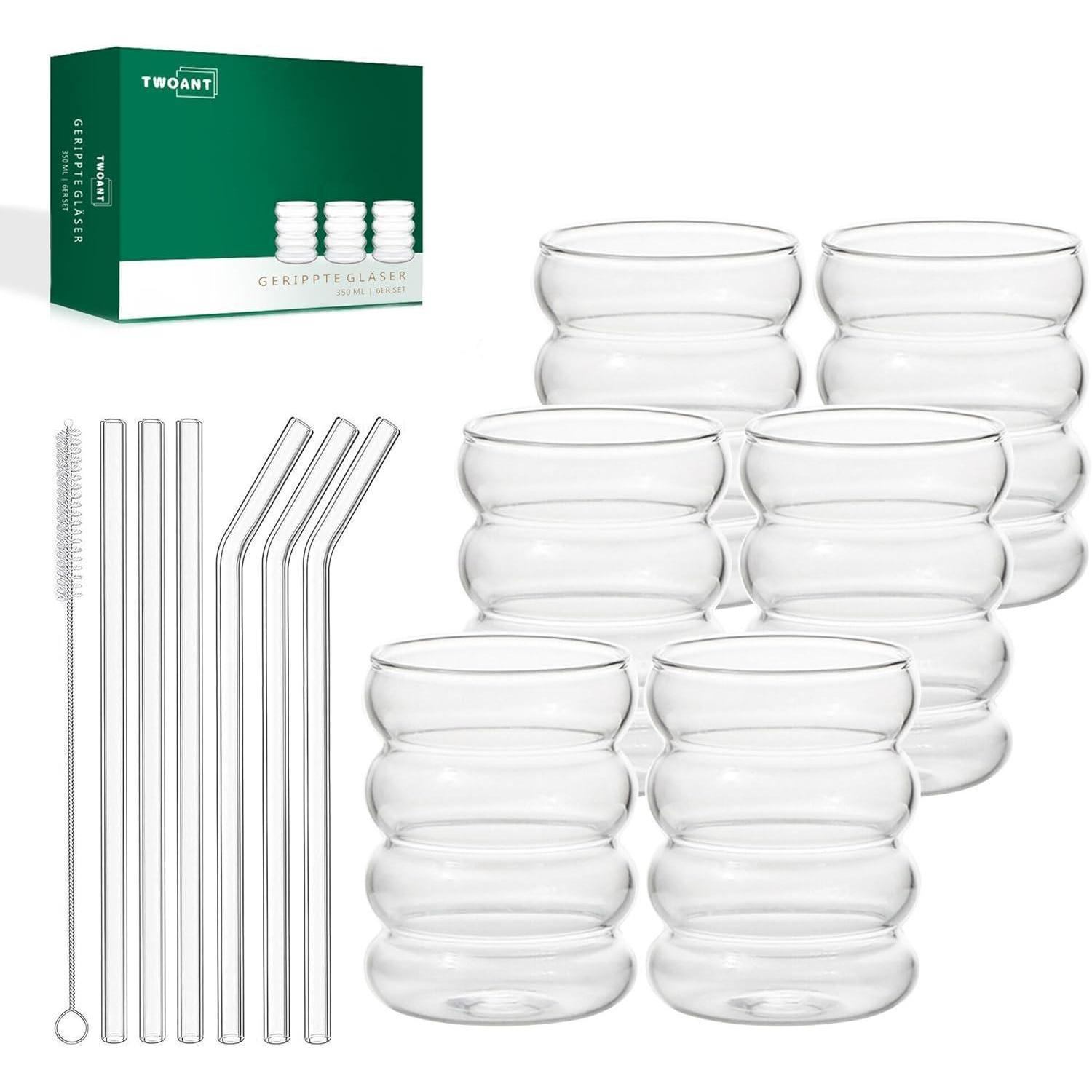 Gerippte Cocktailgläser 350ml 6er Set Mit Glasstrohhalmen Und Bürste