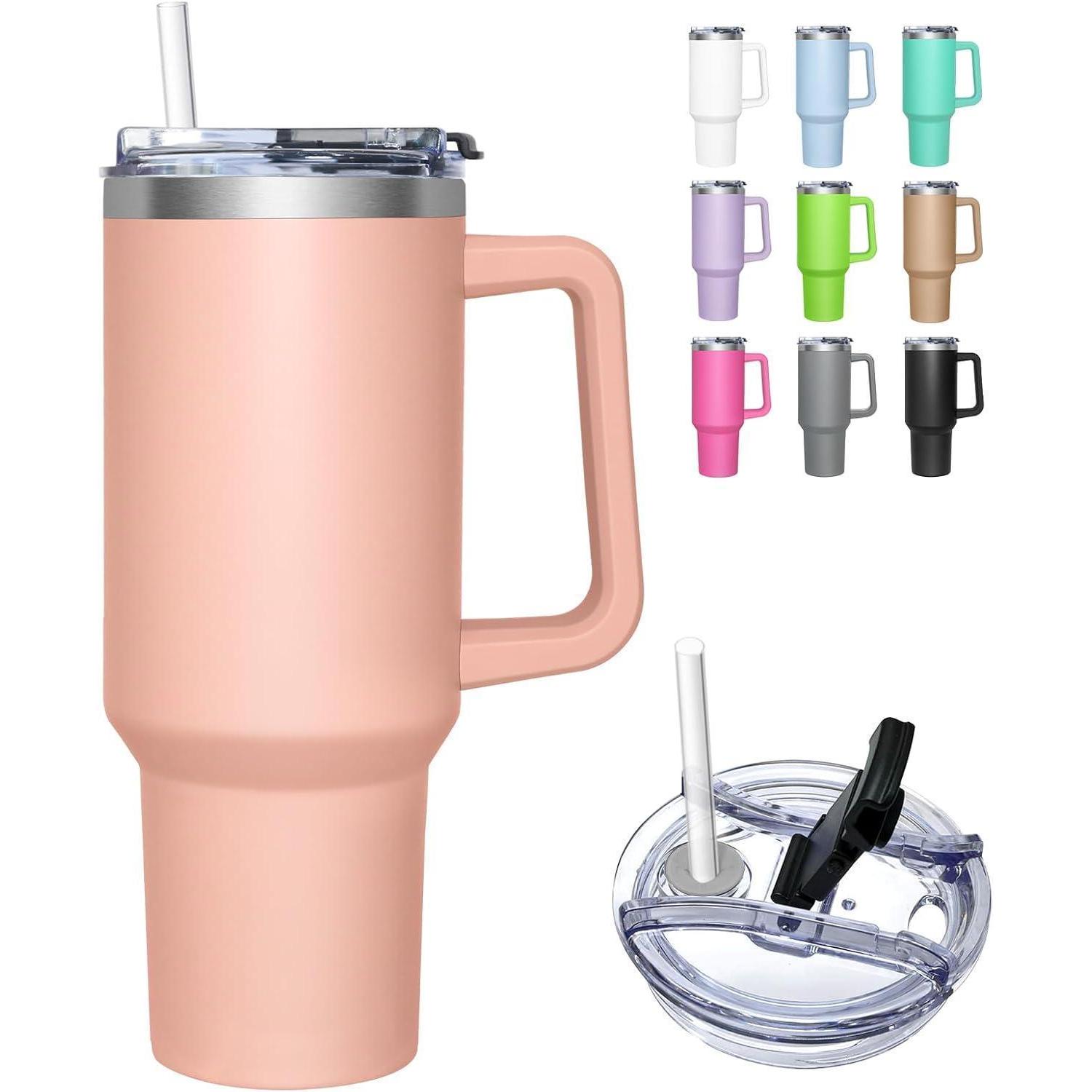 Isolierbecher 1180ml Mit Henkel Und 2-in-1-deckel, Edelstahl Thermobecher To Go Für Heiß & Kalt, Hell-pink