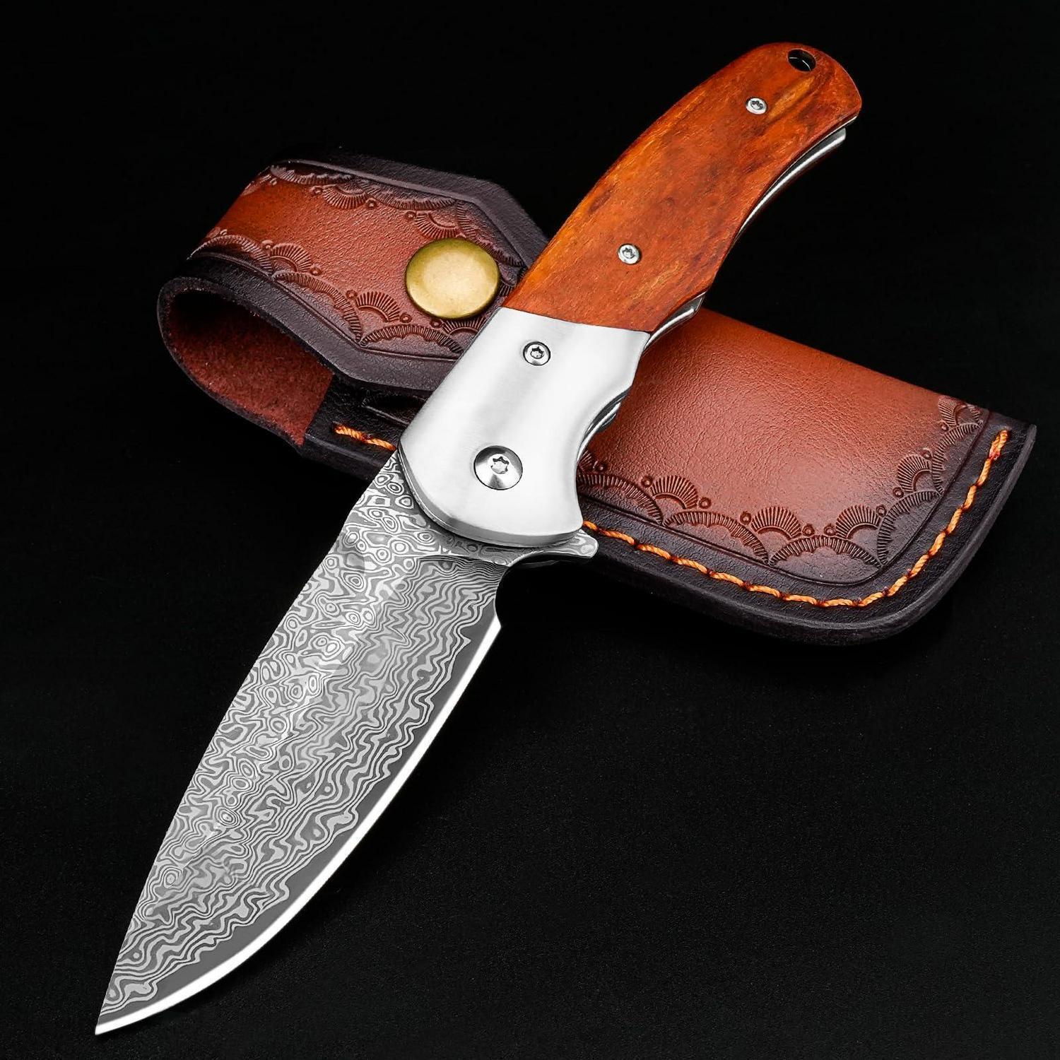 Damast Taschenmesser Klappmesser Mit Holzgriff Und Lederscheide