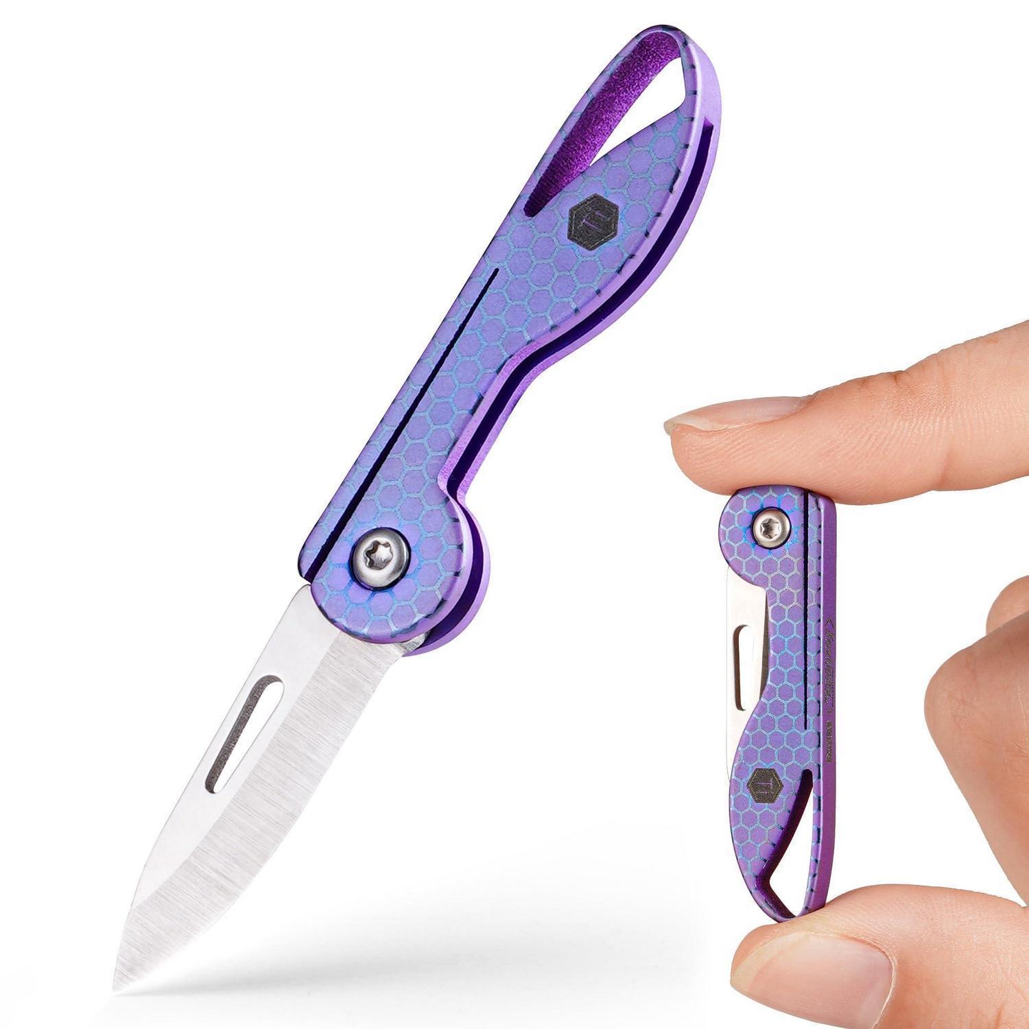 Mini Klappmesser Titan Schlüsselanhänger Rasiermesserscharf Hex Lila