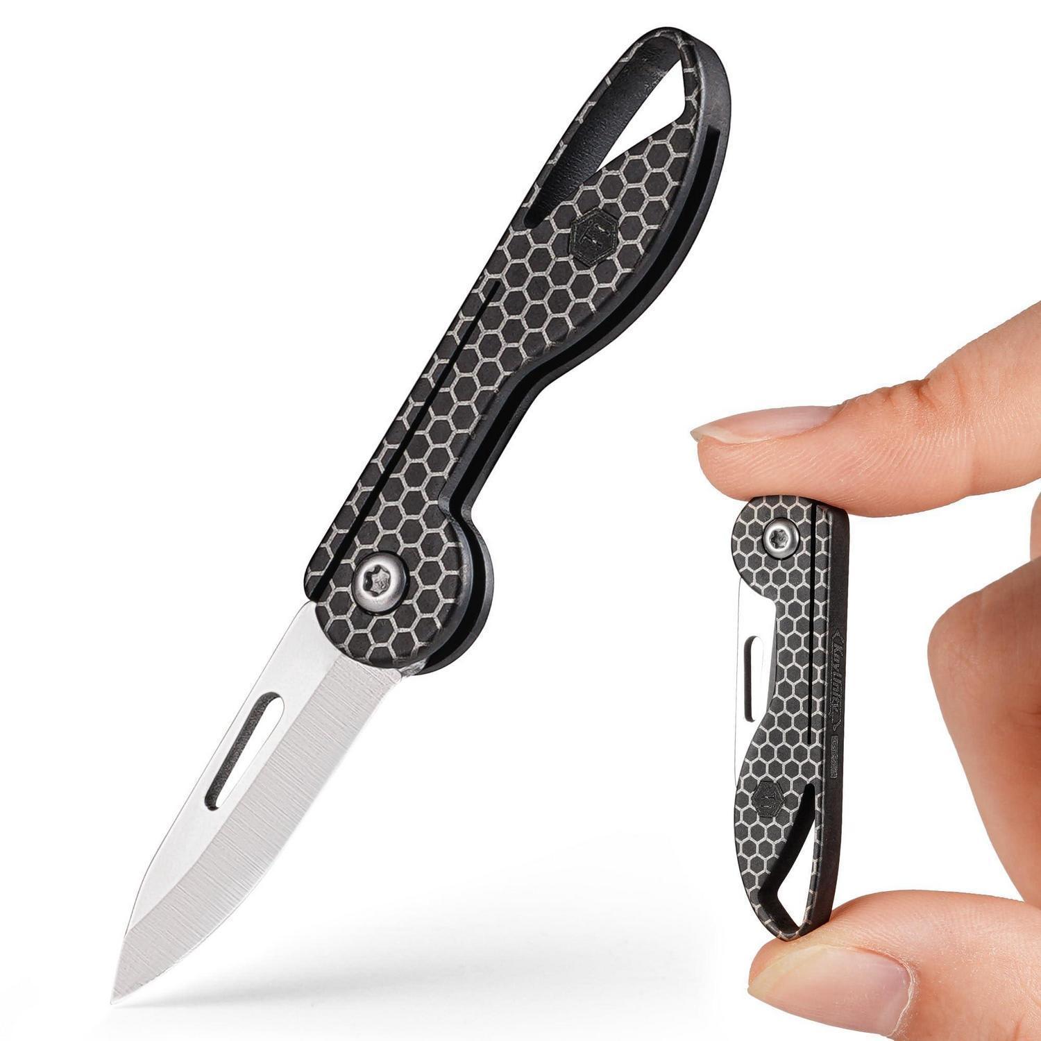 Mini Klappmesser Titan Mit Schlüsselanhänger, Rasiermesserscharf, Hex Schwarz