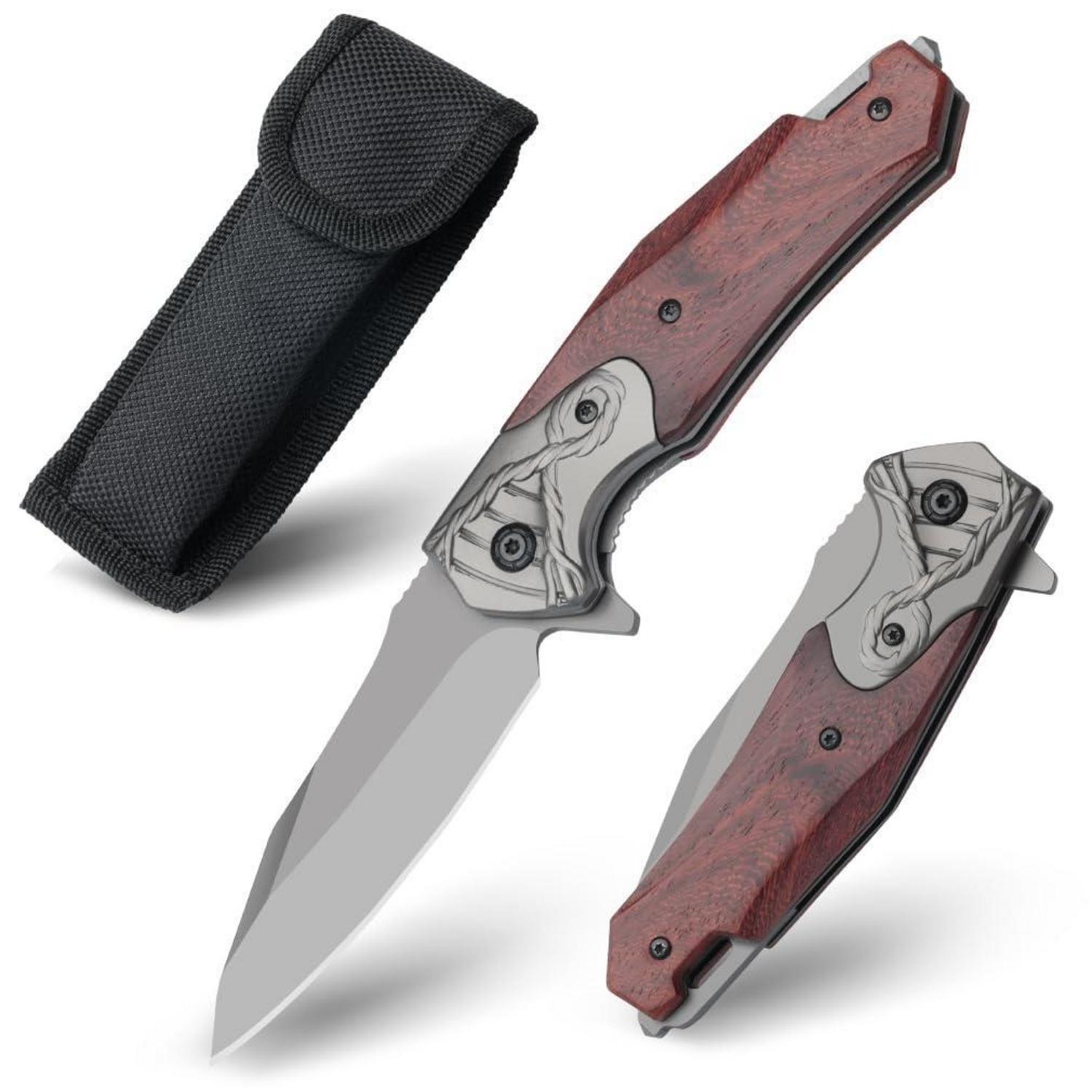 Klappmesser 2-in-1 Mit Glasbrecher, Holzgriff, Rostfrei, Für Outdoor & Edc