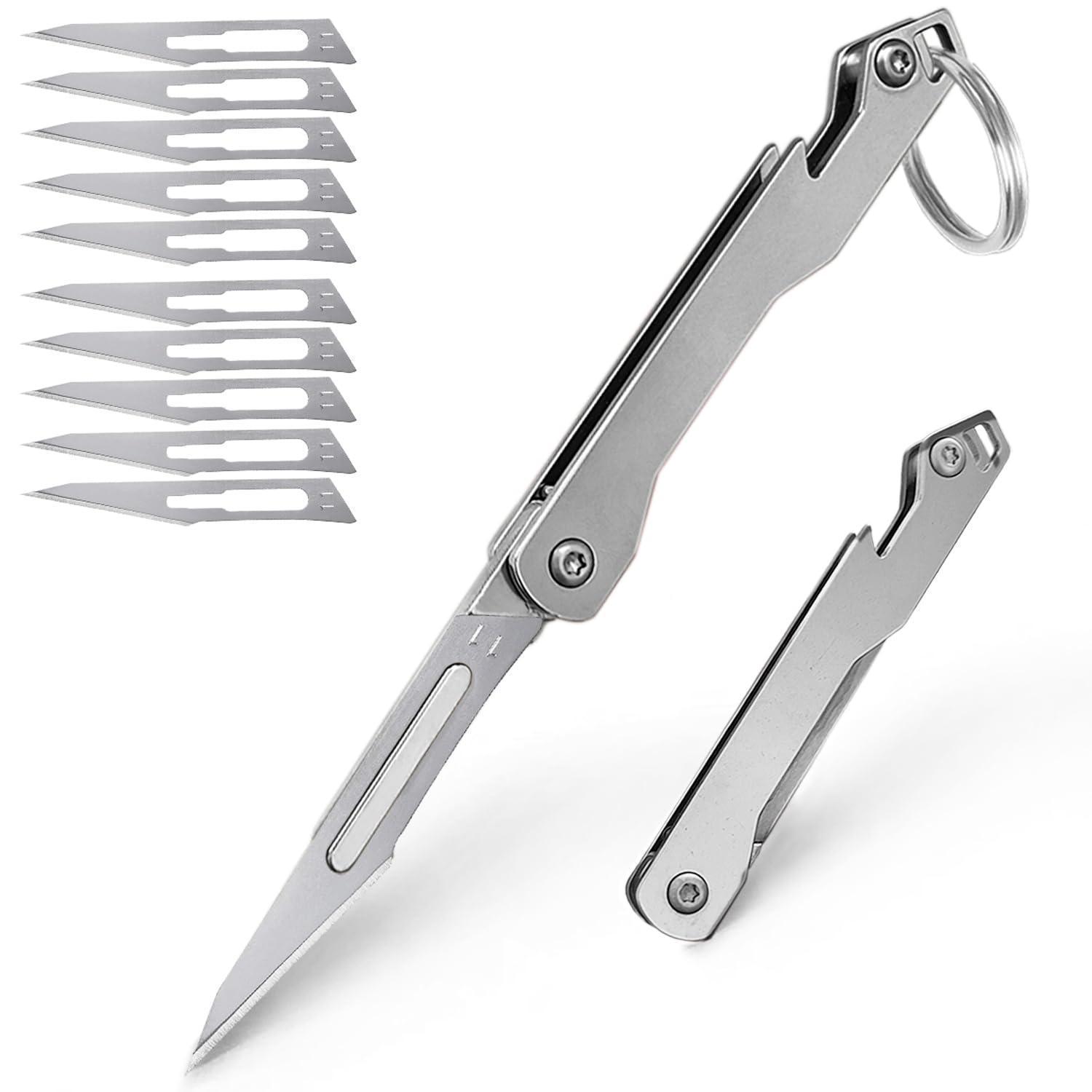 Klappmesser Mit 10 Klingen, Edelstahl Schlüsselanhänger Messer, Mini Taschenmesser Mit Flaschenöffner