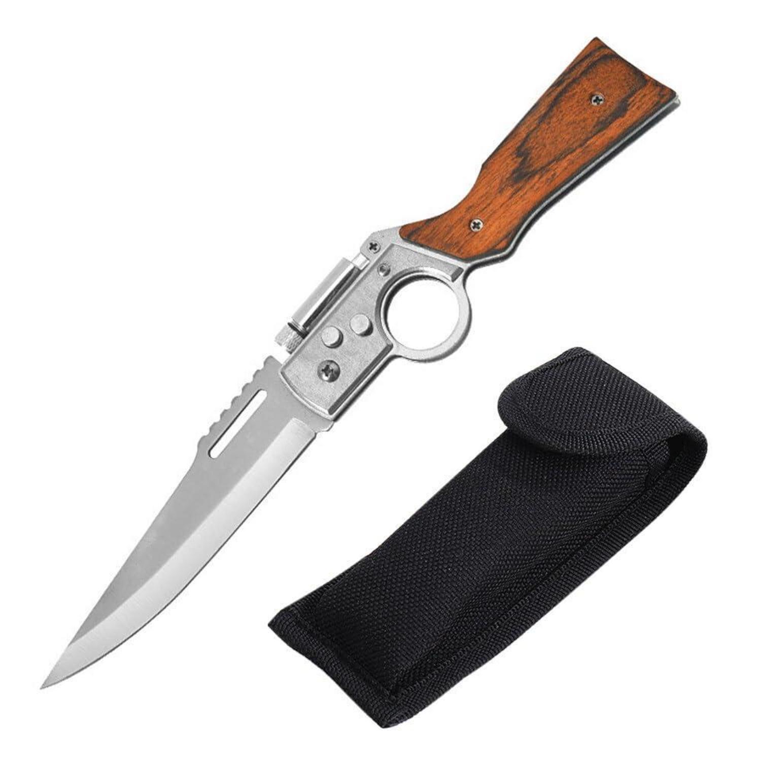 Klappmesser Mit Holzgriff, 3-in-1 Multifunktions-survival-messer Mit Led-licht Und Gürteltasche