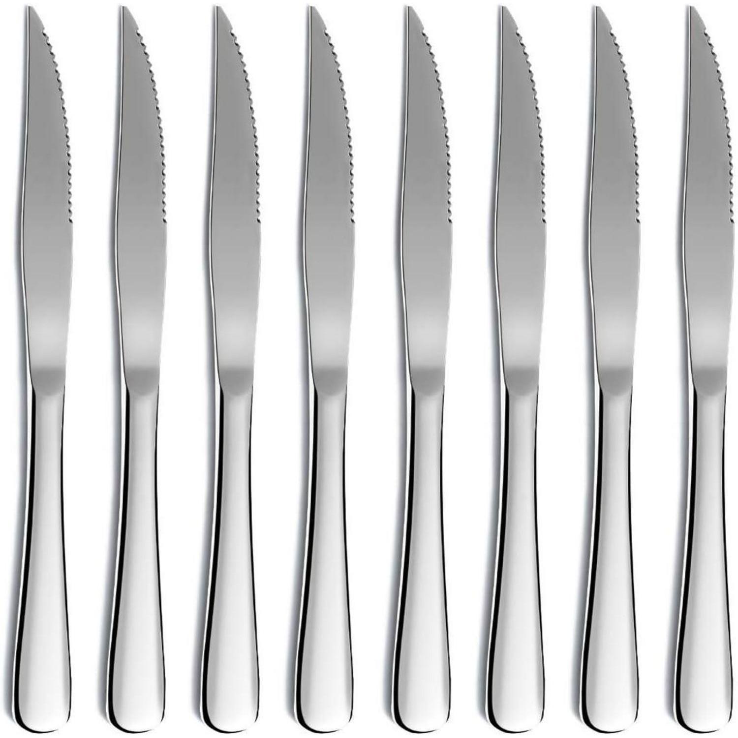 Steakmesser-set 8 Stück, Edelstahl, Gezahnte Klinge, Spülmaschinenfest, Silber