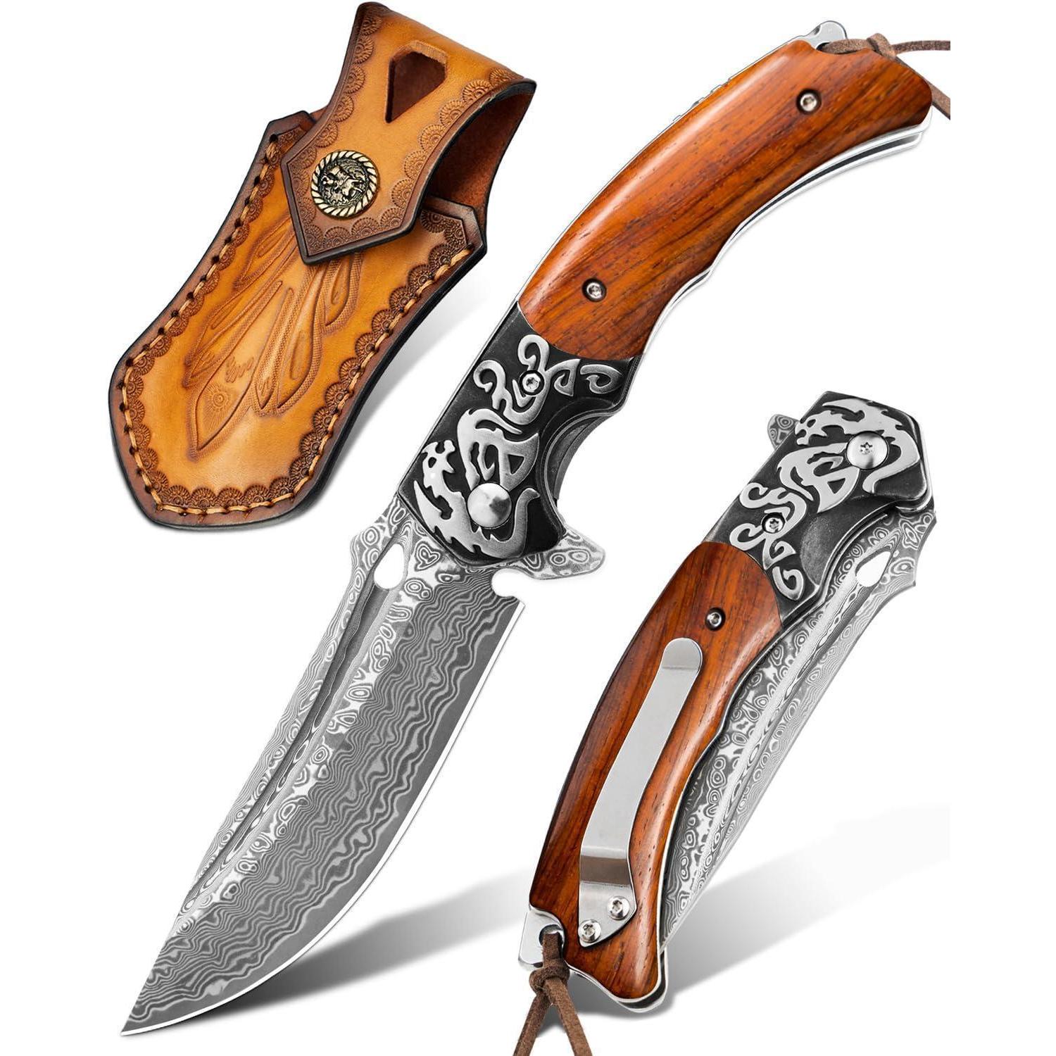 Damast Klappmesser Mit Holzgriff, 67 Lagen Vg10 Stahl, Jagdmesser Mit Lederscheide