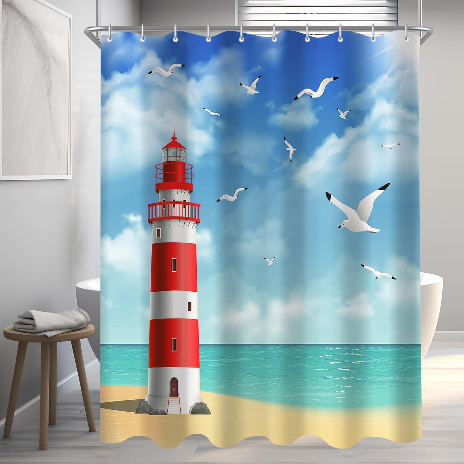 Duschvorhang 150x180 Cm Leuchtturm, Wasserabweisend, Schimmelresistent, Waschbar