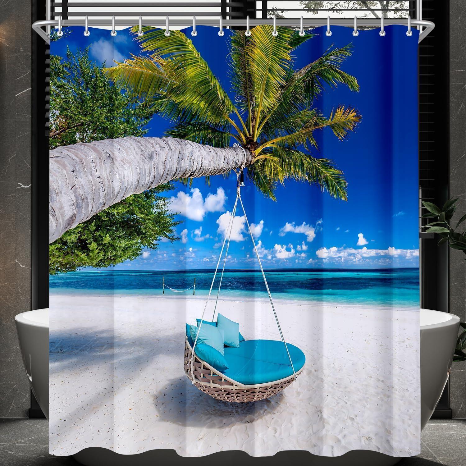 Duschvorhang 180x180cm Strand Motiv, Wasserabweisend, Antischimmel, Waschbar, Polyester