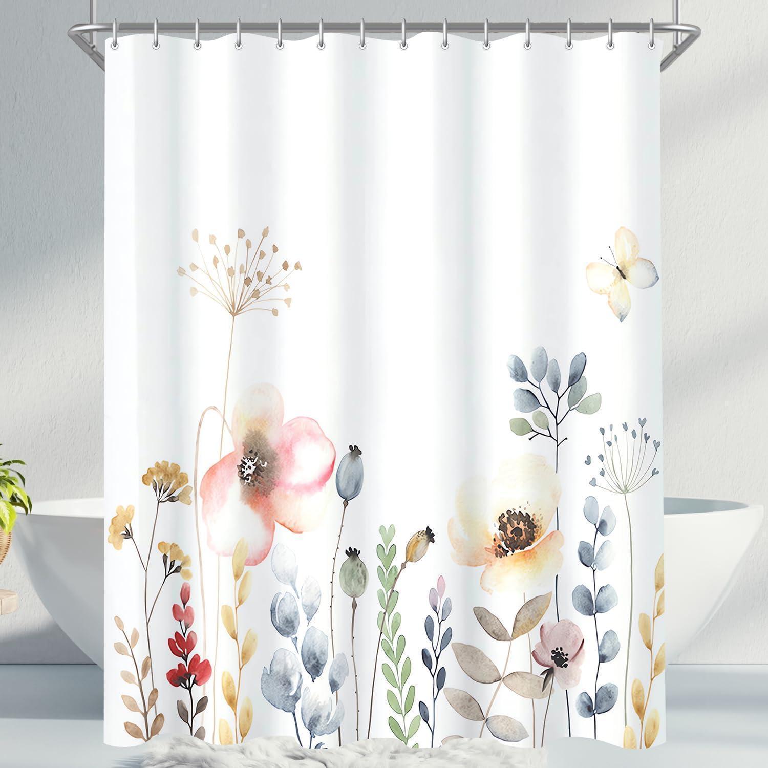 Duschvorhang 150x200cm Blumen Muster, Wasserabweisend, Waschbar, Textil Mit Haken