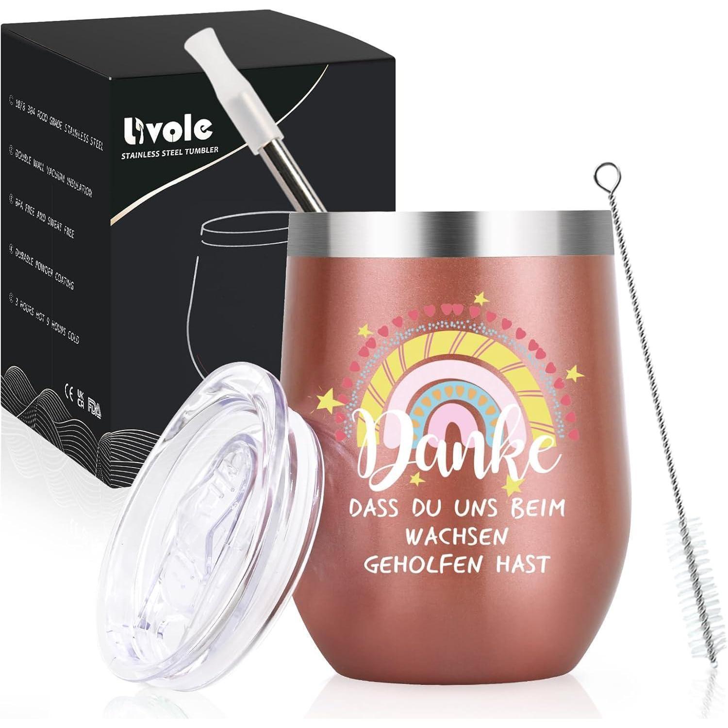 Vakuum Kaffeebecher To Go 350ml Roségold Mit Spruch "danke" Thermo Becher Mit Strohhalm