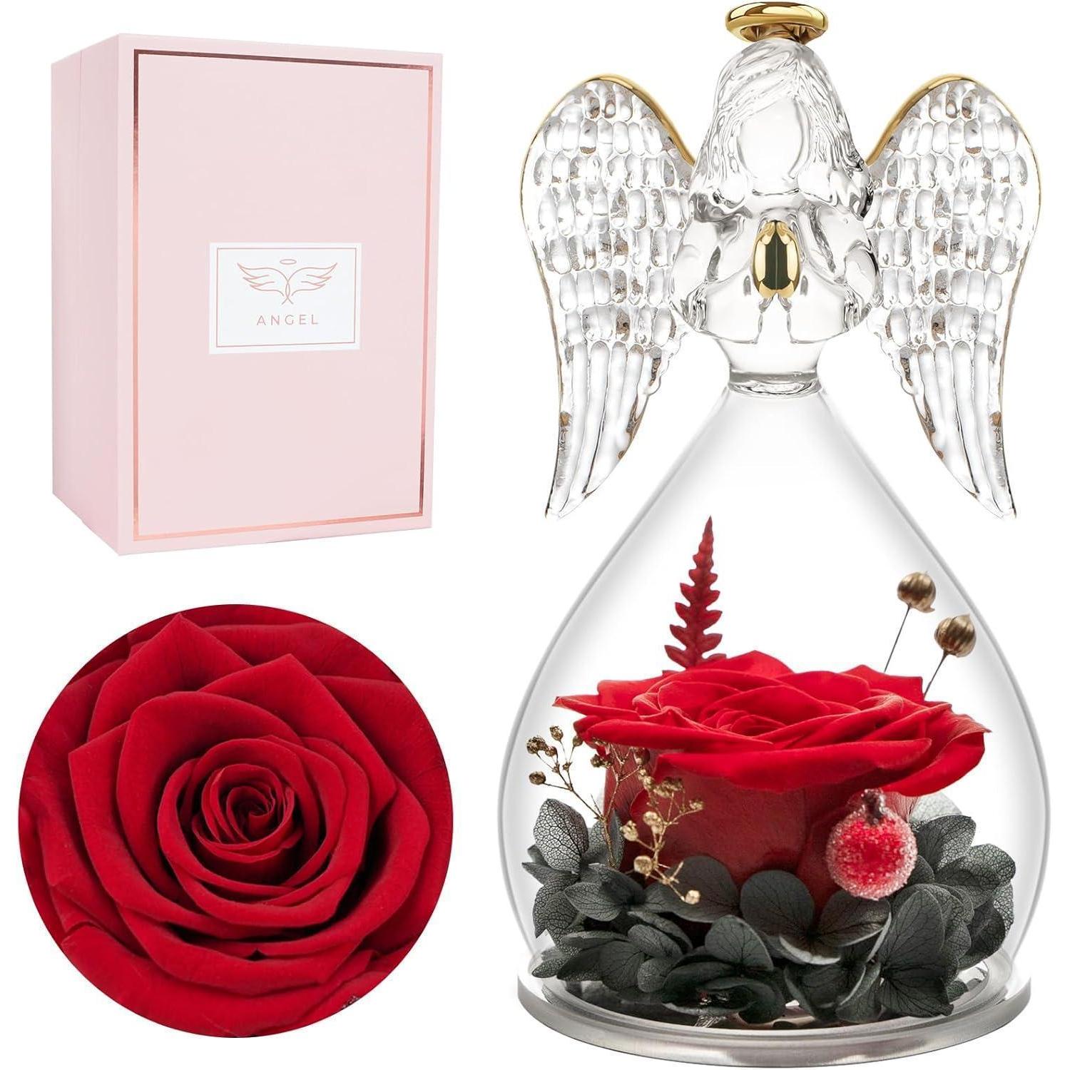 Konservierte Rose Im Engel-figur-glas, Ewige Rose Rot, Geschenk Für Frauen