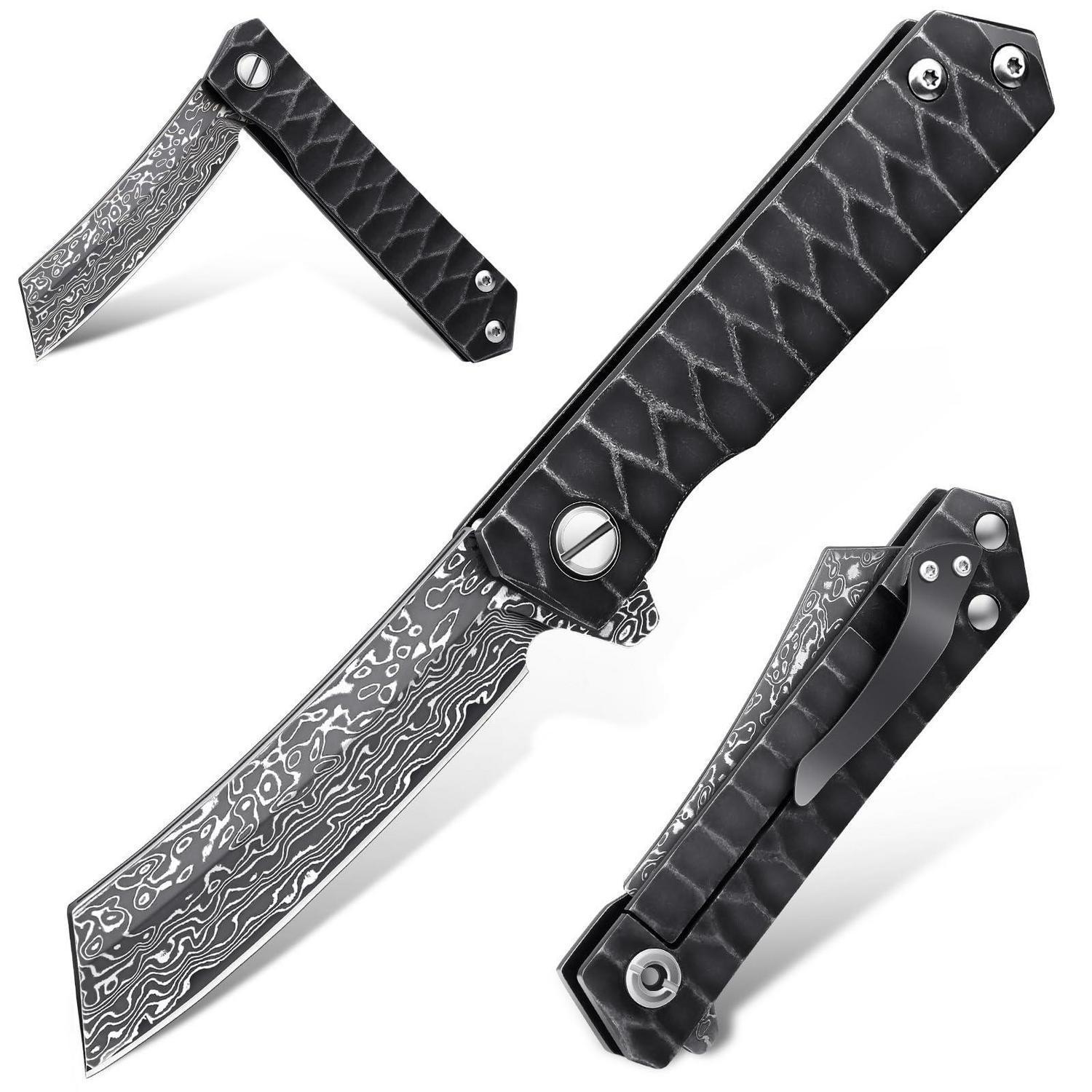 Klappmesser Damaststahl Vg10 Mit Titan-griff, Einhandmesser Mit Clip