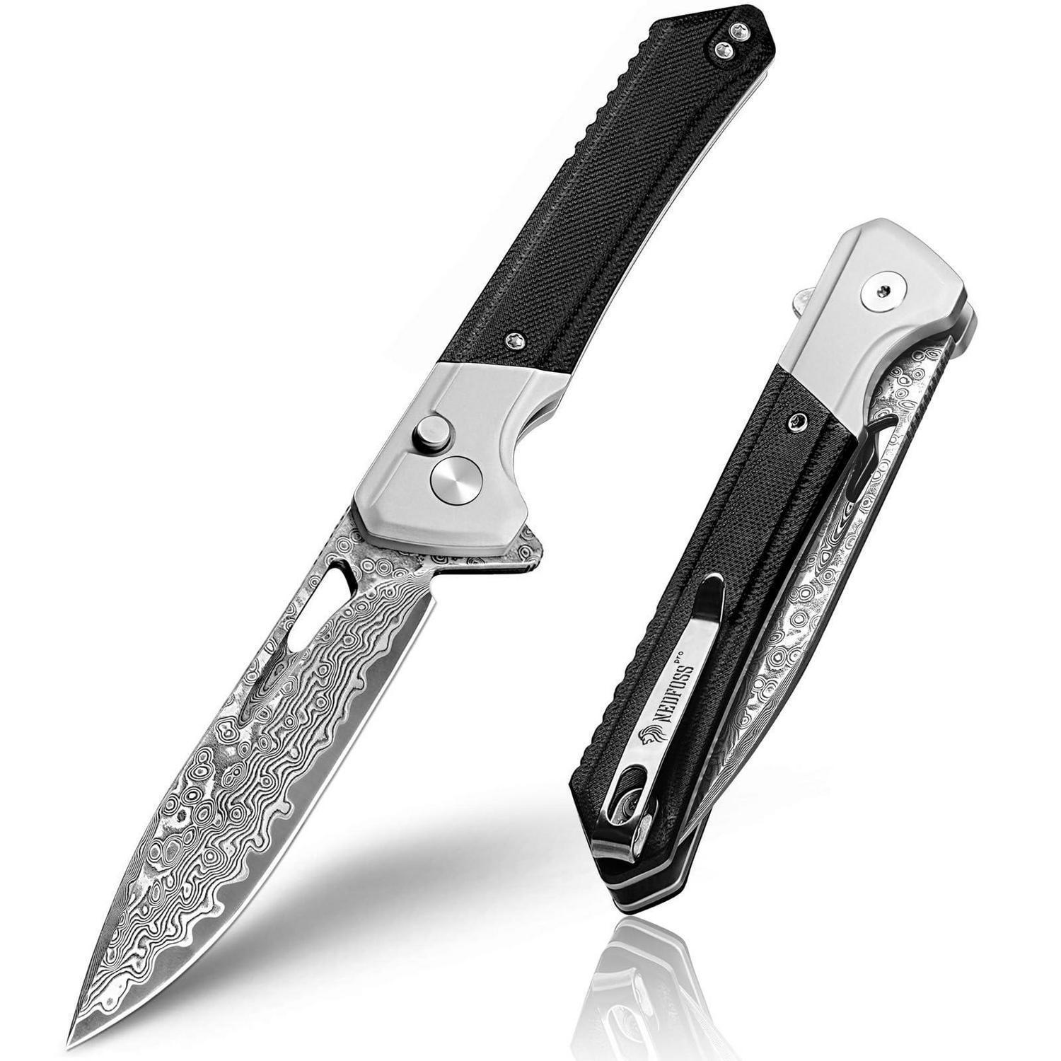 Klappmesser Damaststahl Vg10 67 Lagen, 8.5cm Klinge, G10 Griff, Button-lock