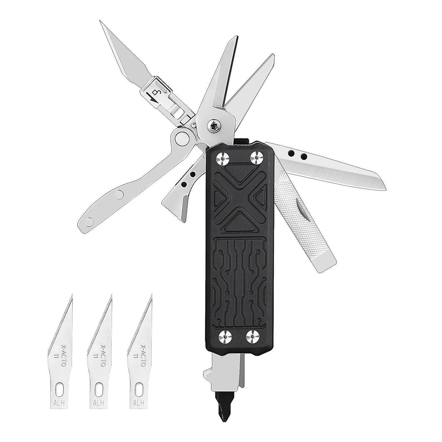 Taschenmesser Mit 10 Funktionen, Edelstahl, Einhandbedienung, Schwarz