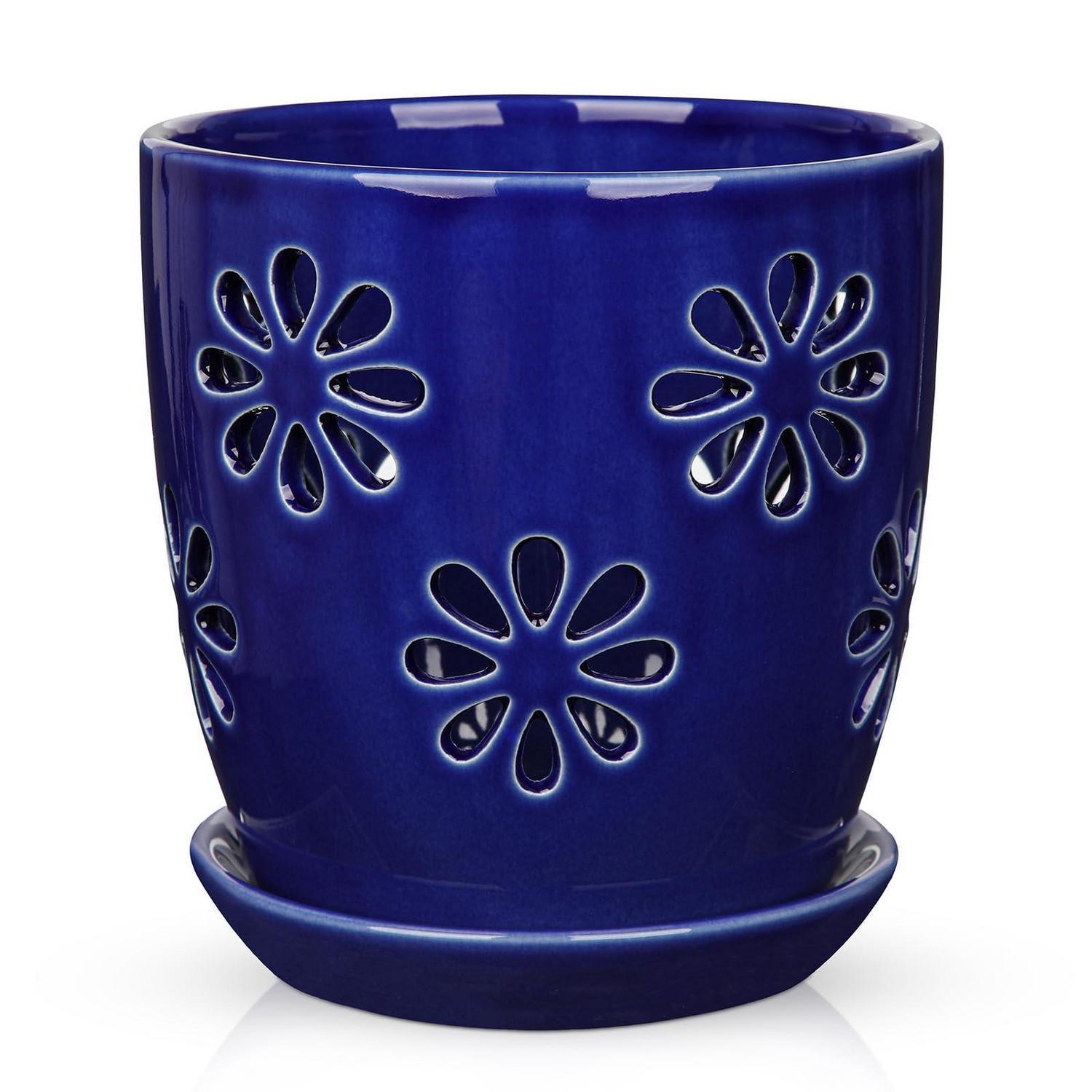 Keramik Pflanztopf 15cm Mit Untersetzer, Blau, Mit Abflussloch