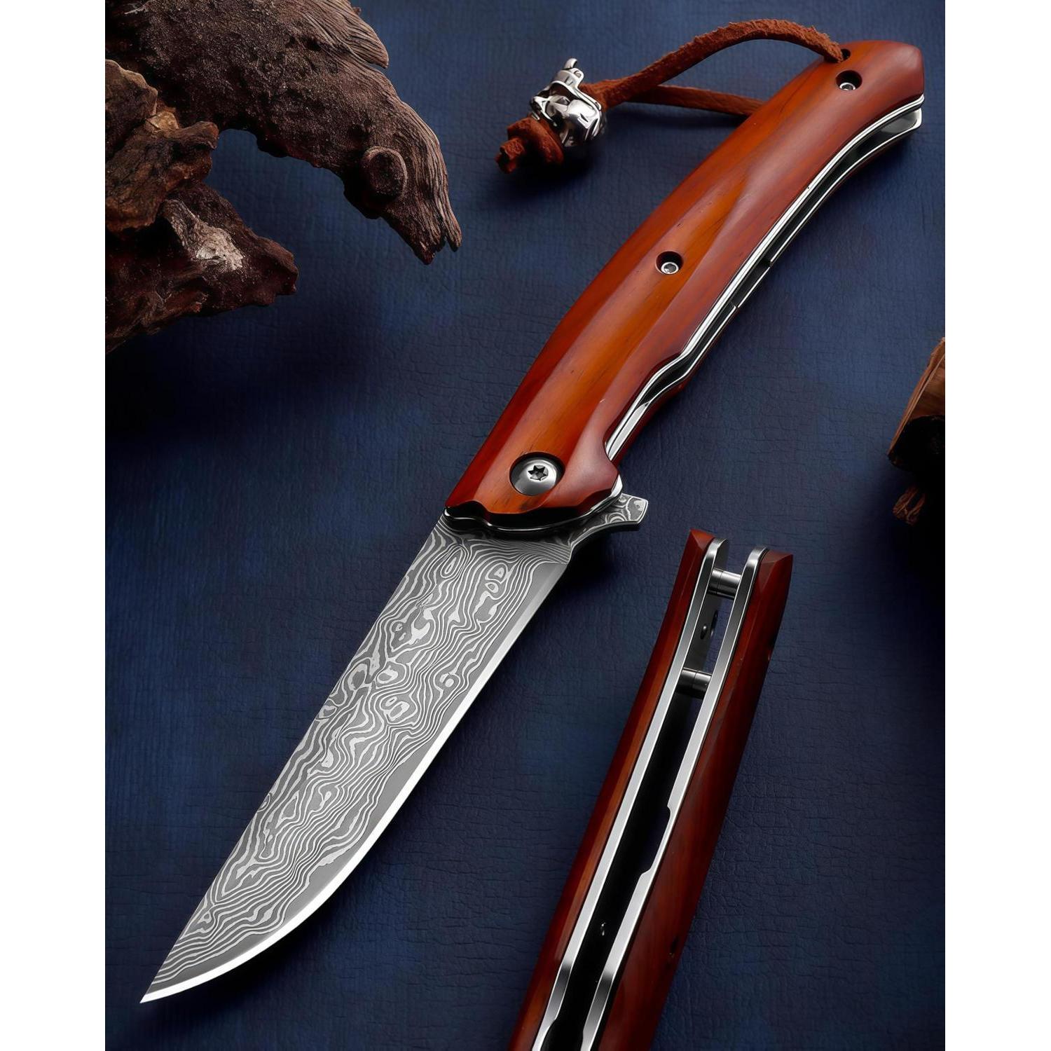 Damast Klappmesser Vg10 Stahl Holzgriff Einhandmesser Mit Liner Lock & Geschenkbox