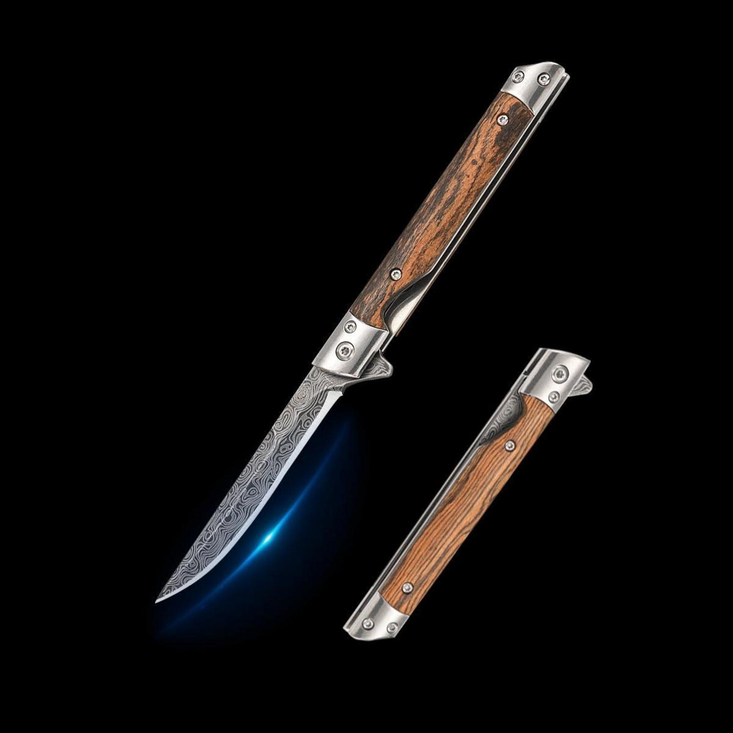 Taschenmesser Damastmuster Edelstahl Mit Holzgriff Und Ledertasche