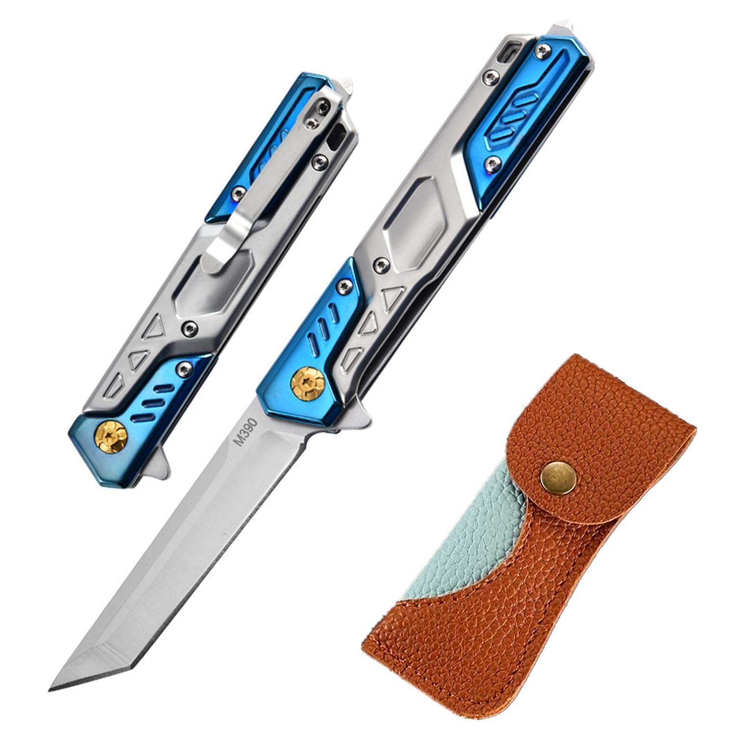 Klappmesser M390 Stahl Mit Glasbrecher, Lederhülle, Ultraleicht 150g