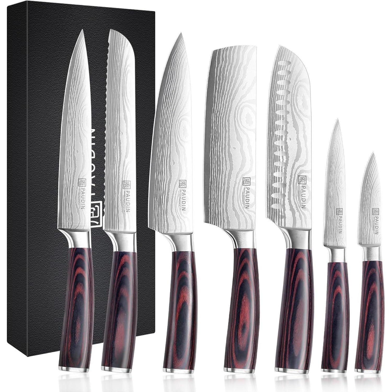 Küchenmesserset 7-teilig, Edelstahl, Scharfe Klingen, Holzgriff, Geschenkbox