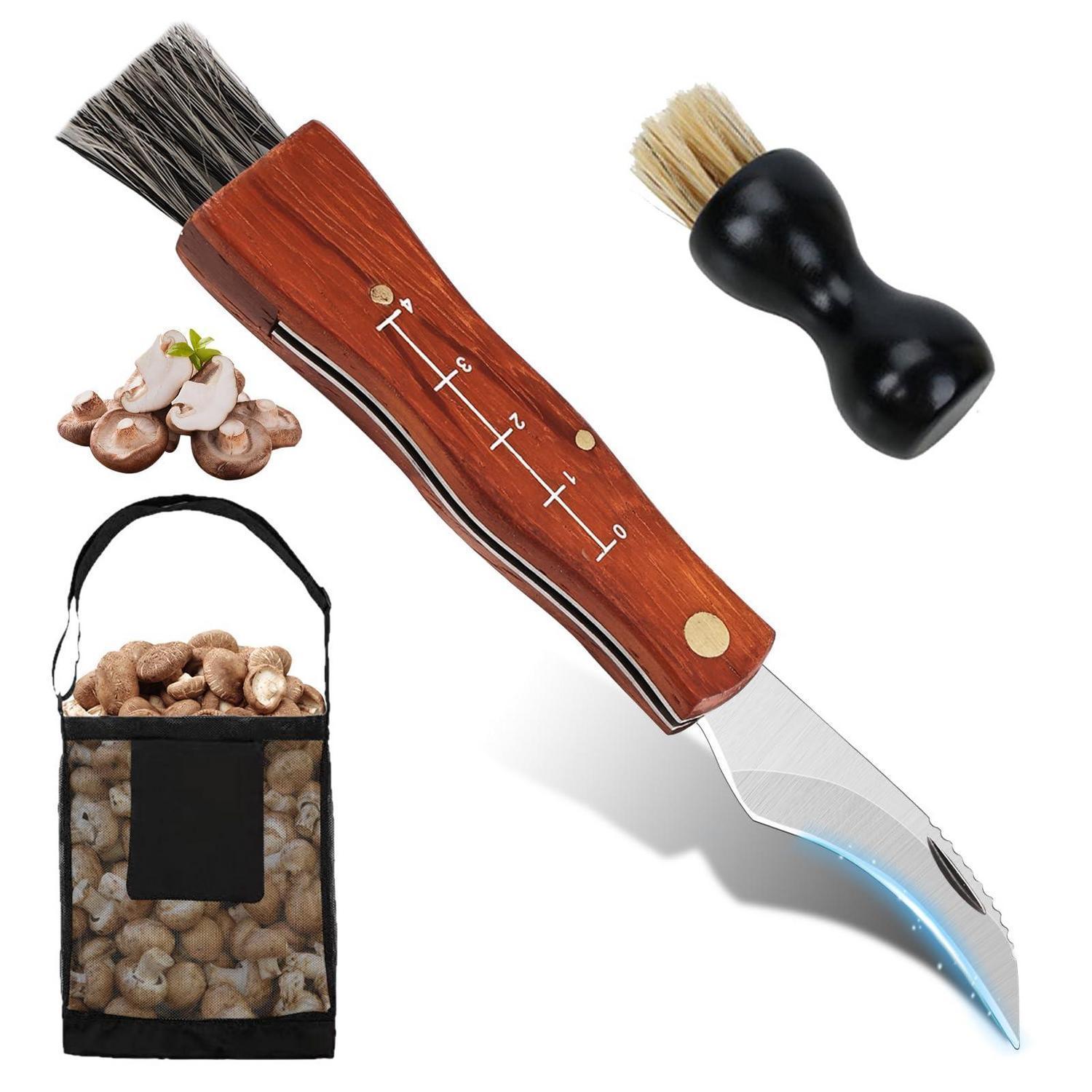 Pilzmesser Set Mit Bürste Und Pilzbeutel, Holzgriff, Klappmesser Für Pilzsammler