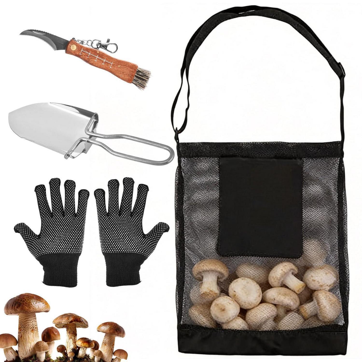 Pilzsammler Set Mit Klappmesser, Schaufel, Handschuhen Und Netzbeutel