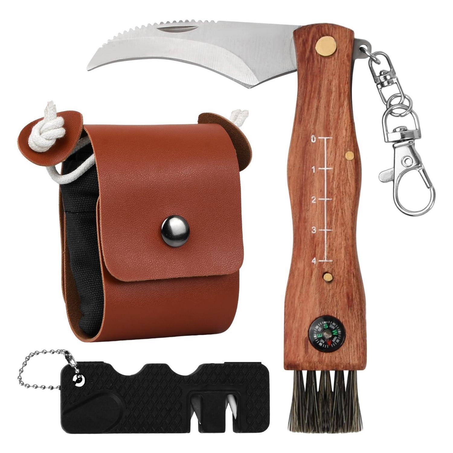Pilzmesser Mit Bürste, Kompass Und Tasche, Klappmesser Edelstahl, Schwarz