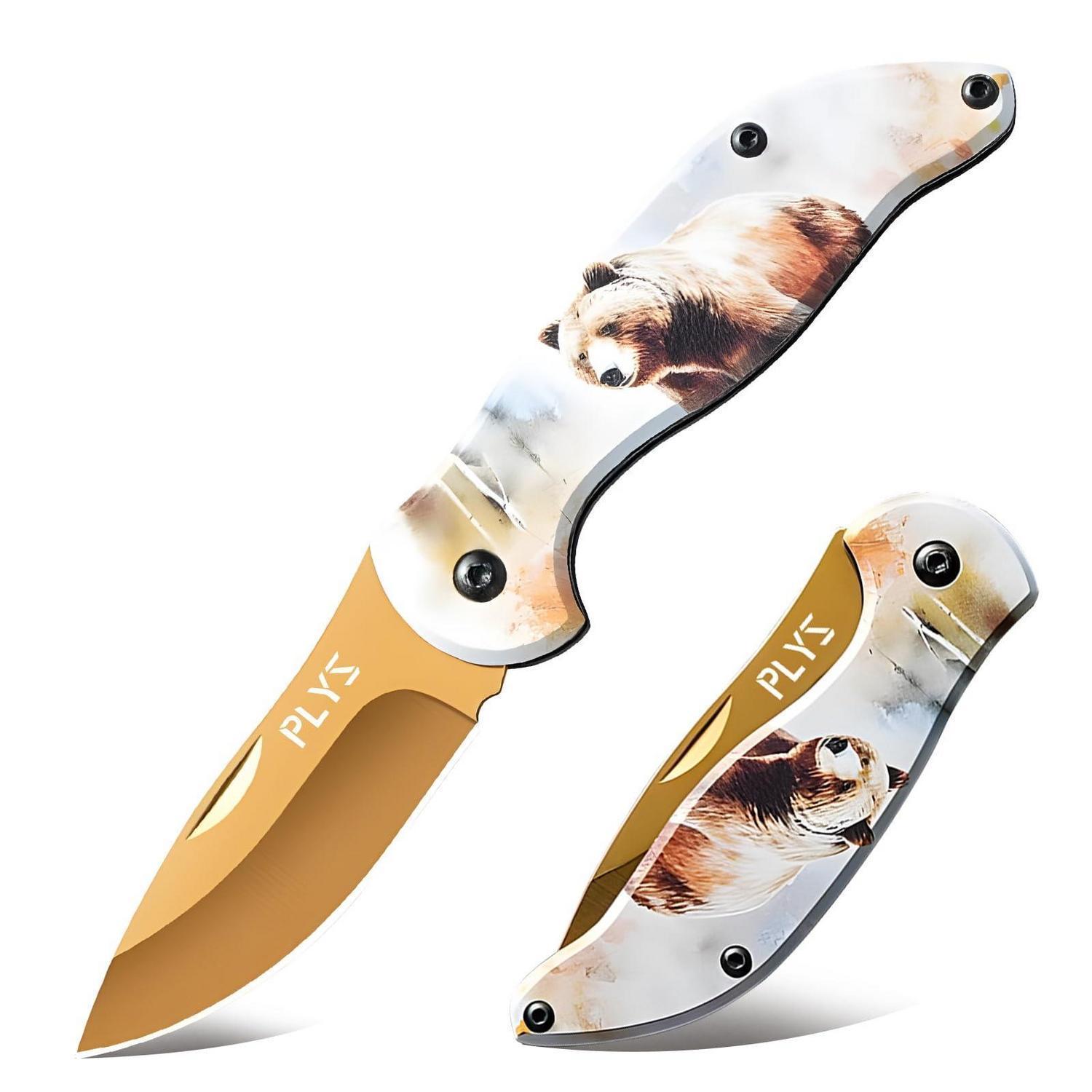 Klappmesser Mit Bärenmuster, Edelstahl, Für Outdoor & Camping