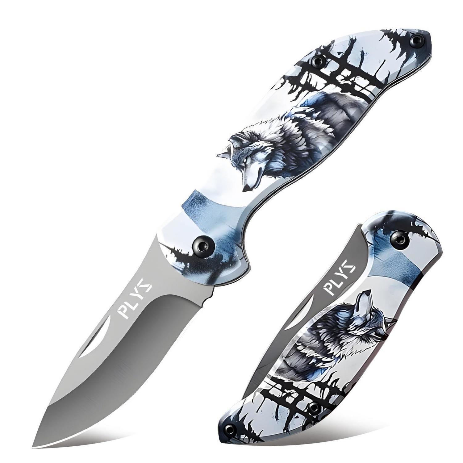 Klappmesser Mit Schneewolf-muster, Scharf, Leicht, Für Outdoor & Camping